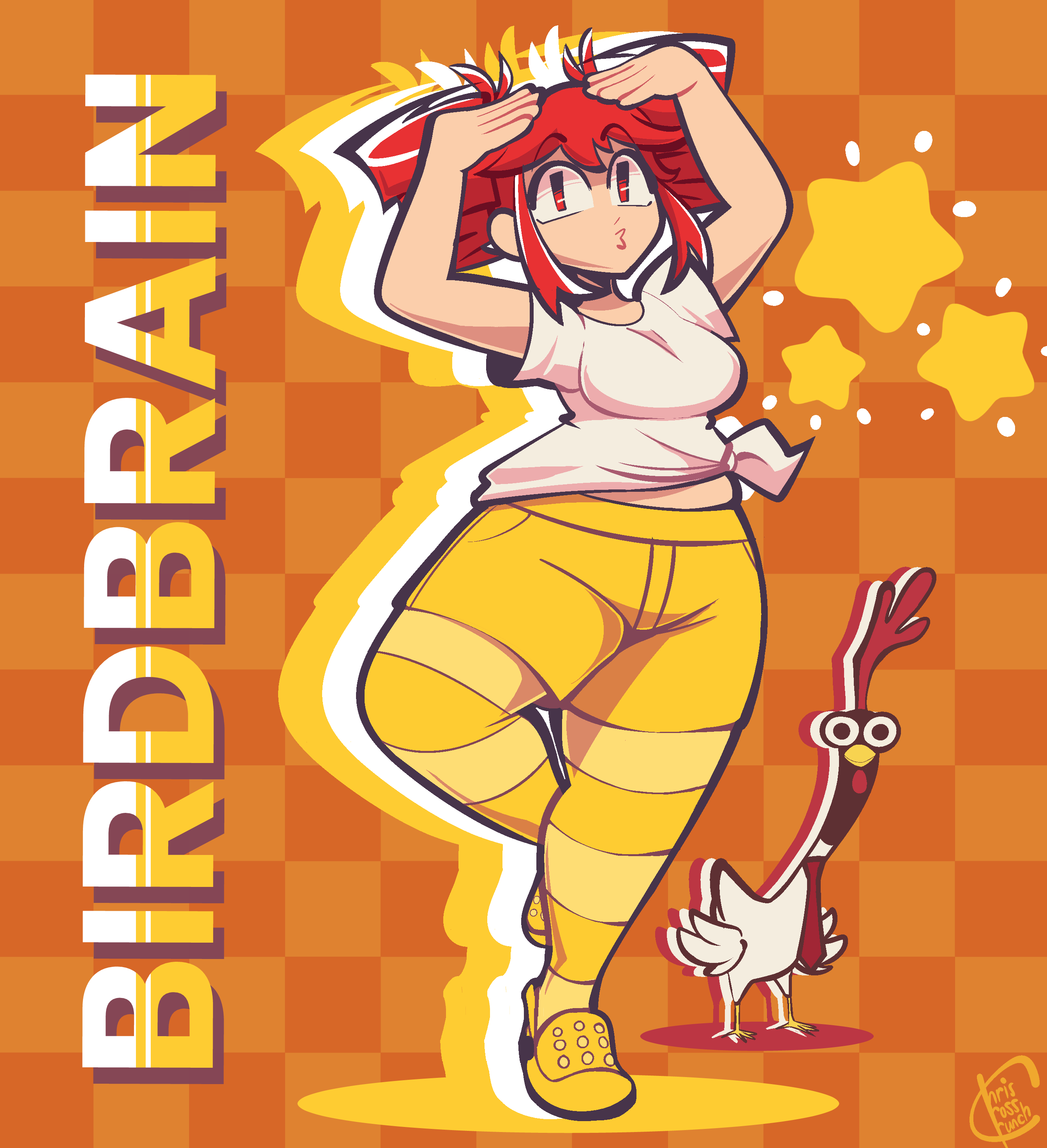 chriscrosssauce, kasane teto, birdbrain (synthesizer v), absurdres, highres, 1girl, bird, checkered background, chicken, colored shadow, crocs, drill hair, full body, hands on own head, hands up, looking at viewer, o3o, pantyhose, red eyes, red hair, sandals, shadow, shirt, short sleeves, shorts, signature, solo, song name, standing, standing on one leg, star (symbol), striped clothes, striped pantyhose, tied shirt, white shirt, yellow pantyhose, yellow sandals, yellow shorts