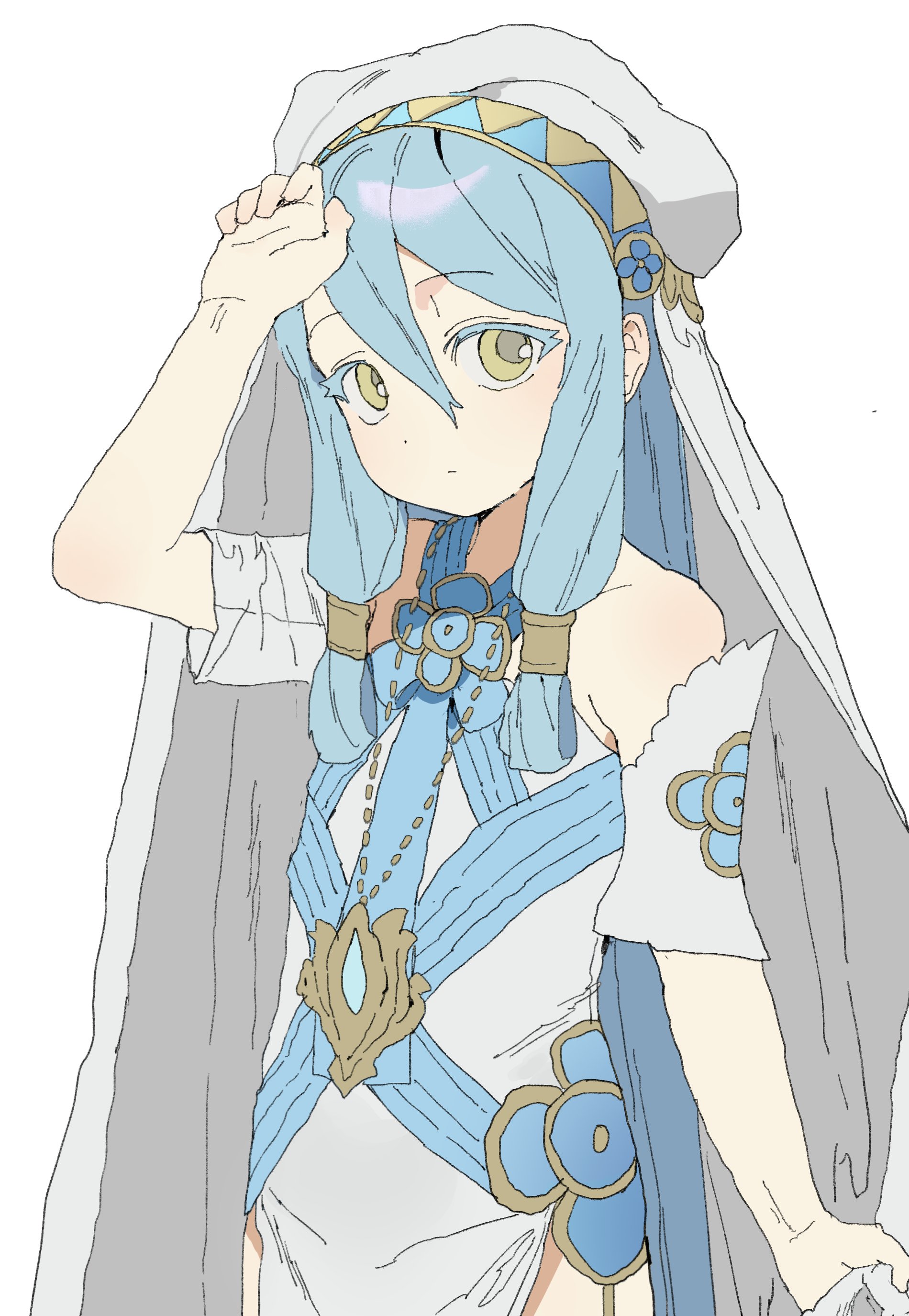 azura (fire emblem), fire emblem, fire emblem fates, nintendo, absurdres, highres, 1girl, aged down, aziemblemfates, blue hair, closed mouth, cropped legs, dress, hair between eyes, headpiece, looking at viewer, short sleeves, simple background, solo, standing, white background, white dress, yellow eyes