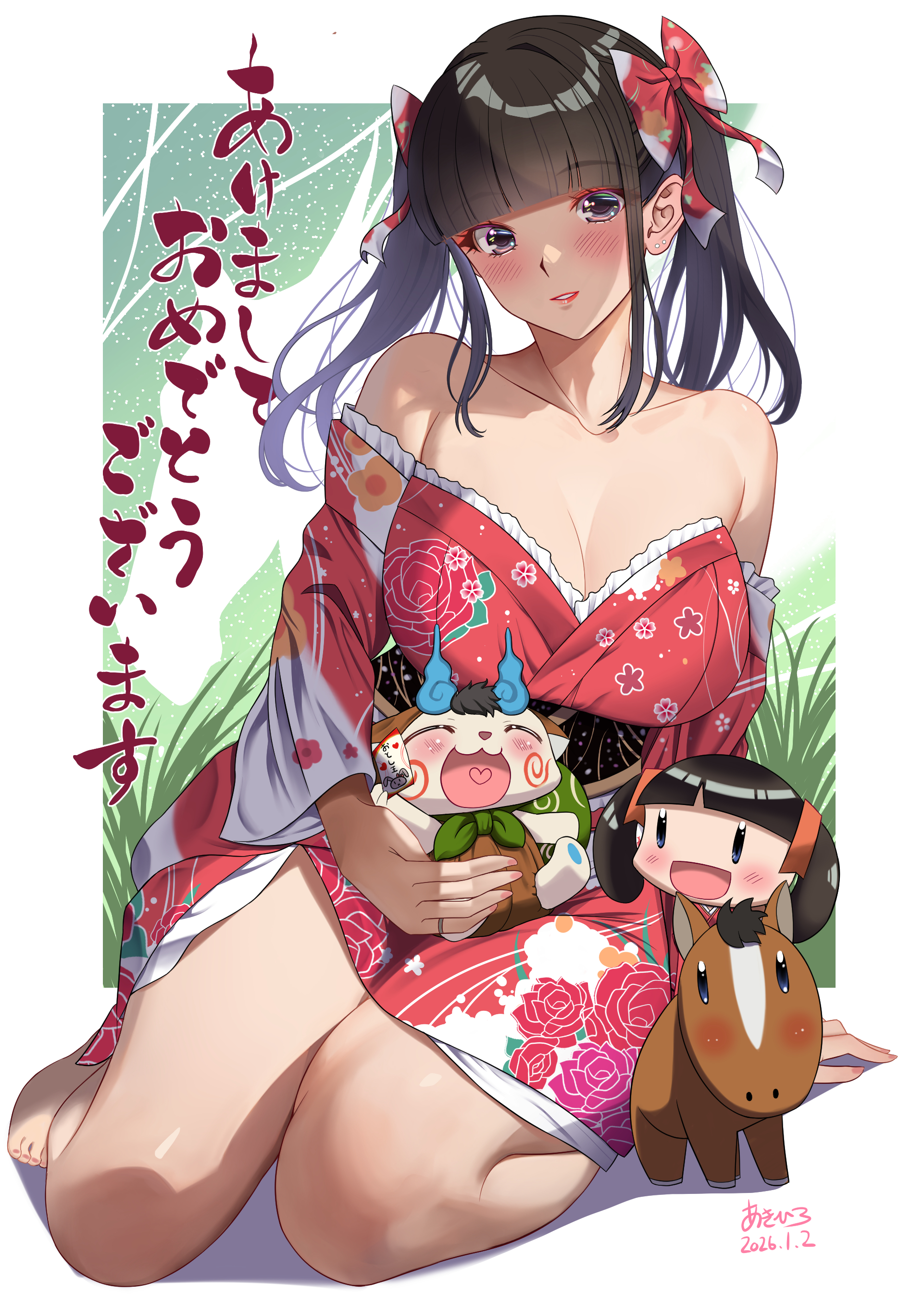 akihiro0920, komasan, tamura yukari, yakumo yukari, original, absurdres, commentary request, highres, 1girl, arm support, black hair, blunt bangs, breasts, chibi, chinese zodiac, cleavage, collarbone, dated, hair ribbon, happy new year, horse, japanese clothes, kimono, large breasts, long hair, nengajou, new year, purple eyes, red kimono, red ribbon, ribbon, sidelocks, signature, simple background, sitting, white background, year of the horse