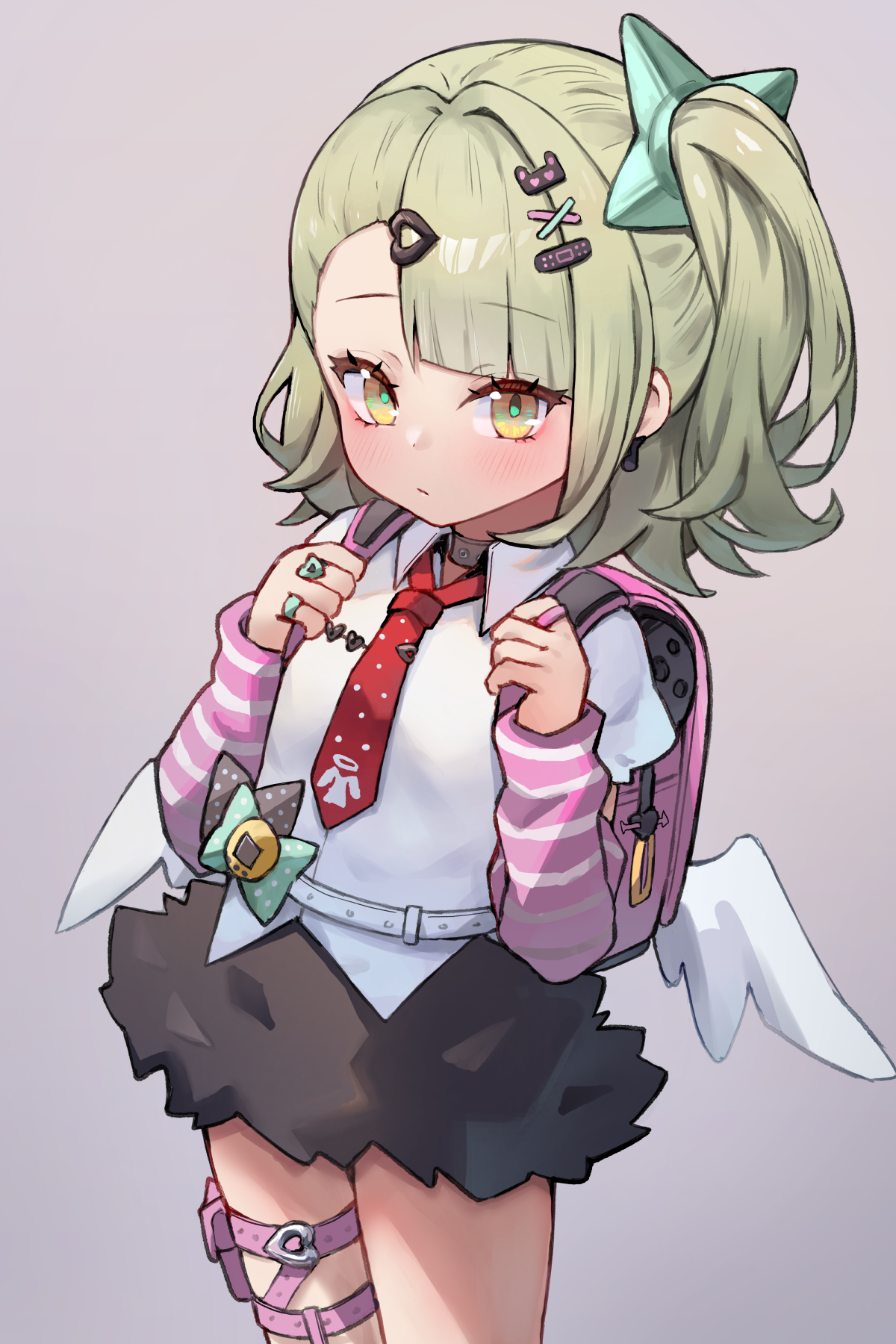 miya (miyaruta), chinatsu remiel, zenless zone zero, commentary, highres, 1girl, arm warmers, backpack, bag, black skirt, brown eyes, closed mouth, collared shirt, green hair, grey background, hands up, holding strap, looking at viewer, low wings, necktie, one side up, randoseru, red necktie, shirt, short sleeves, simple background, skirt, solo, sunna (zenless zone zero), white shirt, white wings, wings