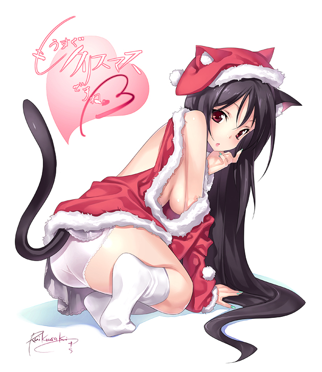 kousaki rui, original, 1girl, animal ears, animal hat, aqua nails, ass, bare shoulders, breasts, cat ears, cat hat, cat tail, female focus, hat, long hair, looking back, nail polish, panties, petticoat, santa costume, santa hat, sideboob, socks, solo, squatting, tail, underwear, very long hair