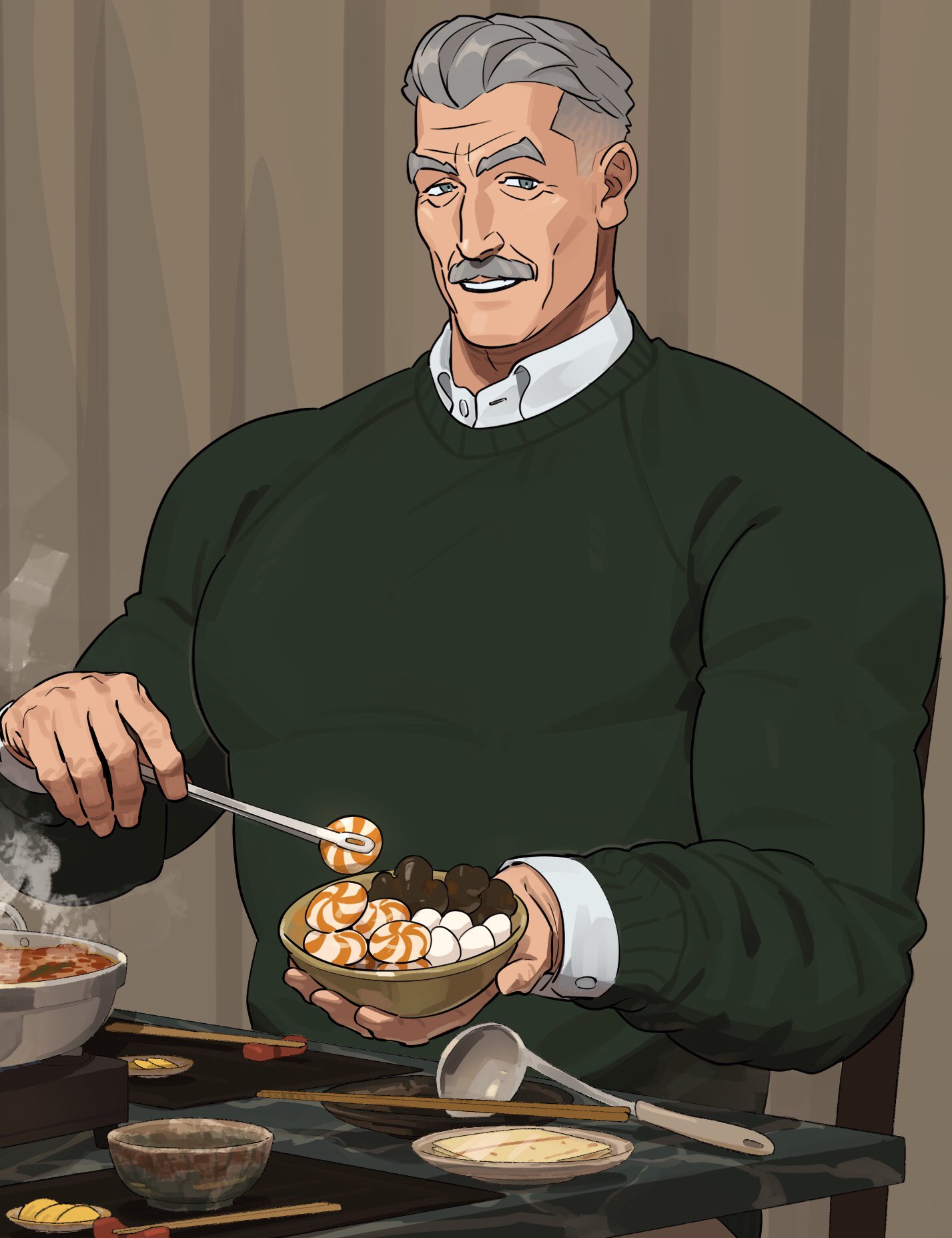 sa1k0p, original, highres, 1boy, bara, bowl, chair, chopsticks, collared shirt, facial hair, food, green sweater, grey eyes, grey hair, holding, holding bowl, indoors, ladle, looking at viewer, male focus, mature male, muscular, muscular male, mustache, old, old man, on chair, open mouth, plate, shirt, short hair, sitting, smile, solo, steaming food, sweater, sweets, table, upper body, white shirt