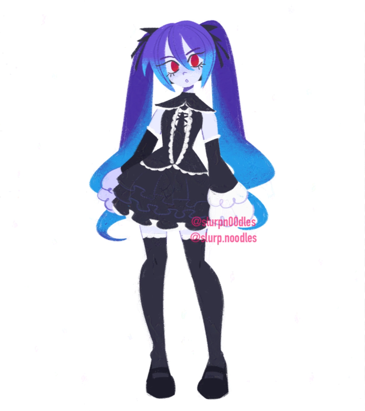 slurpn00dles, hatsune miku, hatsune miku (infinity), project diva (series), vocaloid, highres, 1girl, :o, aqua hair, black dress, black ribbon, black shoes, black thighhighs, detached sleeves, dress, eyelashes, full body, gothic lolita, hair between eyes, hair ribbon, lolita fashion, long hair, multicolored hair, open mouth, pale skin, purple hair, red eyes, ribbon, shoes, simple background, solo, standing, thighhighs, twintails, twitter username, two-tone hair, white background