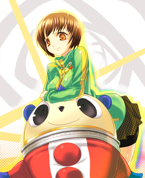 juusensha koubou, kuma (persona 4), satonaka chie, atlus, persona, persona 4, costume, 1girl, androgynous, black skirt, blush, breasts, brown eyes, brown hair, grey background, jacket, long sleeves, miniskirt, short hair, shorts, shorts under skirt, simple background, skirt, smile, track jacket, turtleneck, zipper