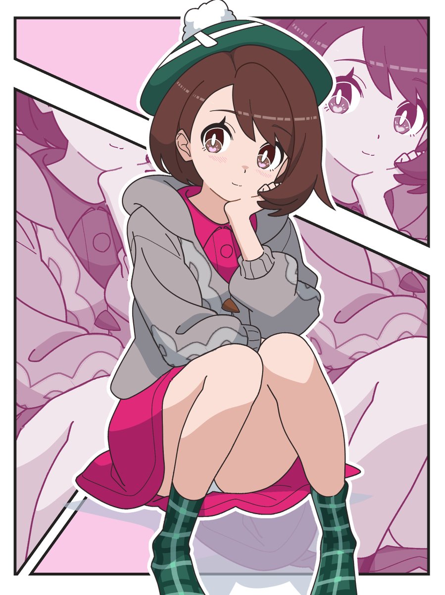 kanbei (pixiv11037490), gloria (pokemon), nintendo, pokemon, pokemon swsh, highres, 1girl, brown eyes, brown hair, dress, green hat, green socks, grey jacket, hat, hood, hooded jacket, jacket, long sleeves, looking to the side, panties, pink dress, puffy long sleeves, puffy sleeves, short hair, sitting, smile, socks, solo, underwear, white panties, zoom layer