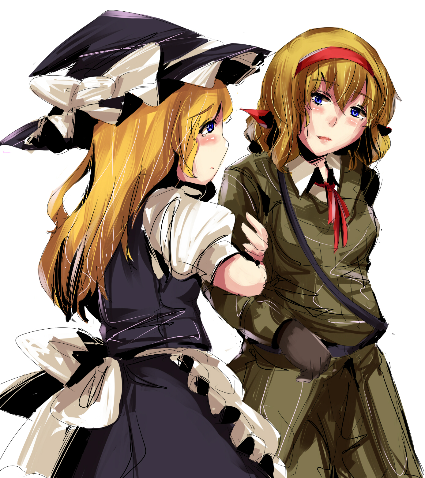 magukappu, belgium (hetalia), kirisame marisa, axis powers hetalia, touhou, arm grab, highres, 00s, 2girls, blonde hair, crossover, gloves, hat, holding another's arm, long hair, military, military uniform, multiple girls, short hair, witch, witch hat