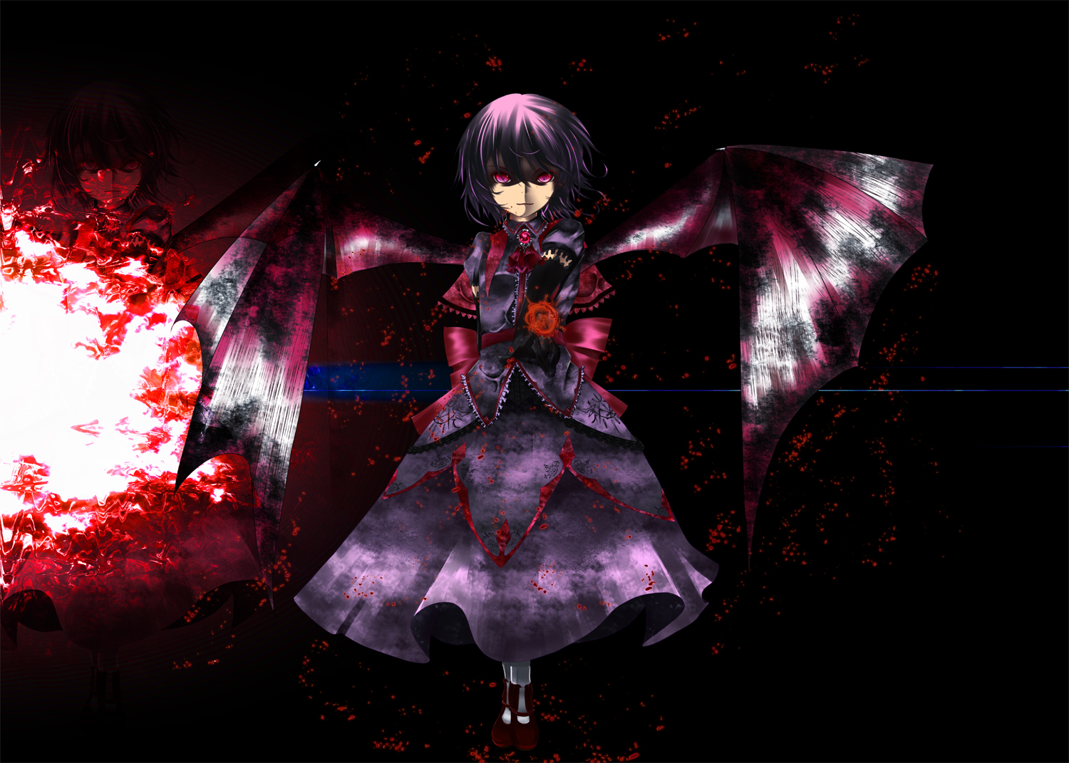 tokuni-imiwanai-id, remilia scarlet, touhou, bad id, bad pixiv id, 1girl, bat wings, black background, female focus, full body, pink eyes, solo, standing, wings