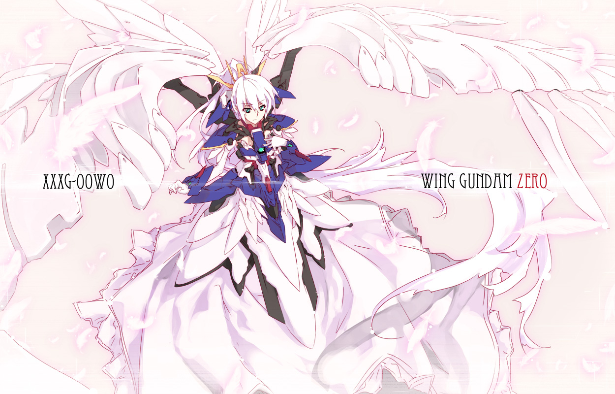 aeutoaki, wing gundam zero custom, gundam, gundam wing, gundam wing: endless waltz, 1990s (style), 1girl, english text, female focus, green eyes, high ponytail, mecha musume, ponytail, retro artstyle, solo, white hair, wings