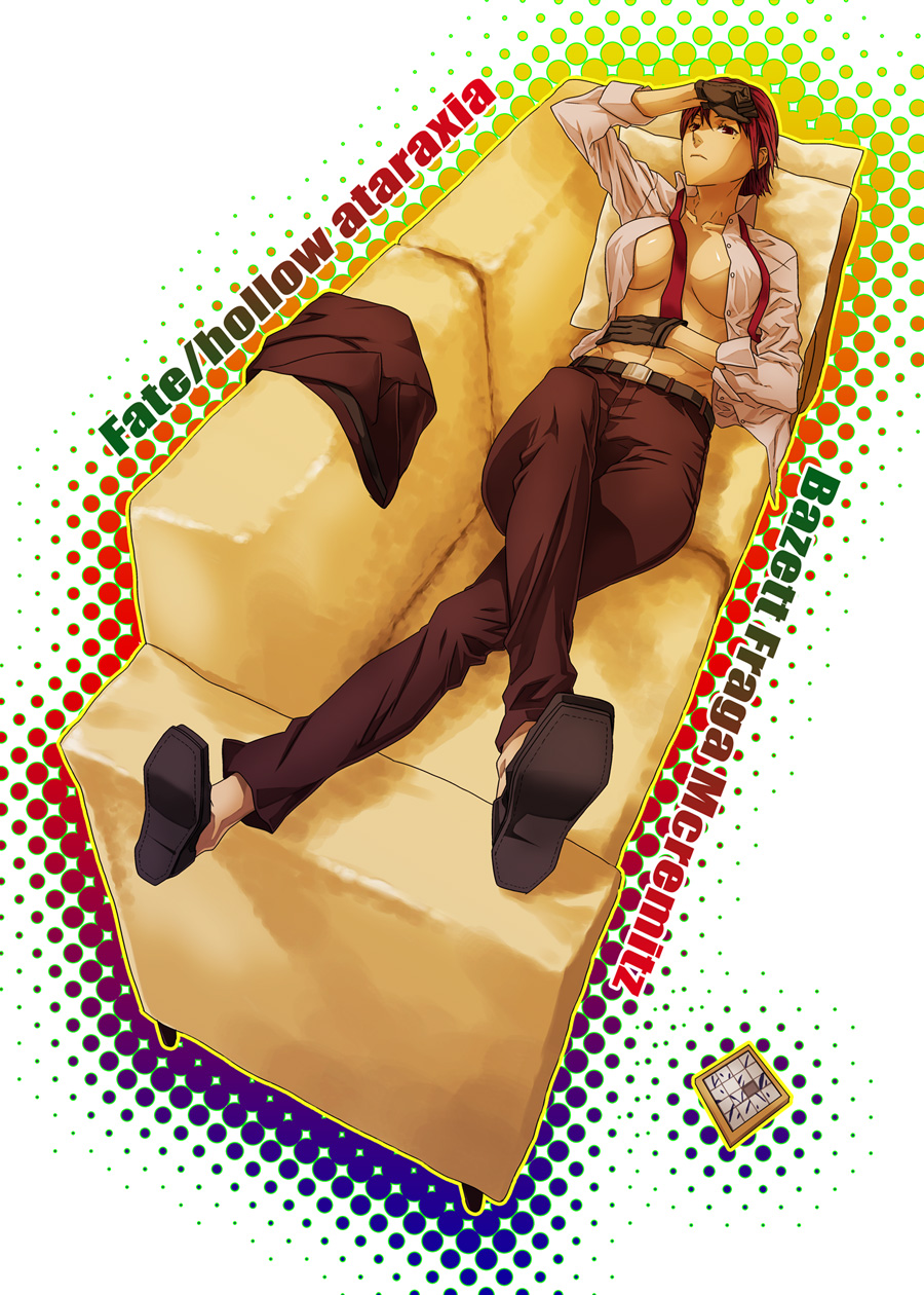 sami (object dump), bazett fraga mcremitz, fate/hollow ataraxia, fate/stay night, fate (series), bad id, bad pixiv id, highres, 00s, 1girl, belt, breasts, couch, dress shirt, female focus, gloves, large breasts, lying, on back, open clothes, open shirt, puzzle, shirt, short hair, sleeves rolled up, solo