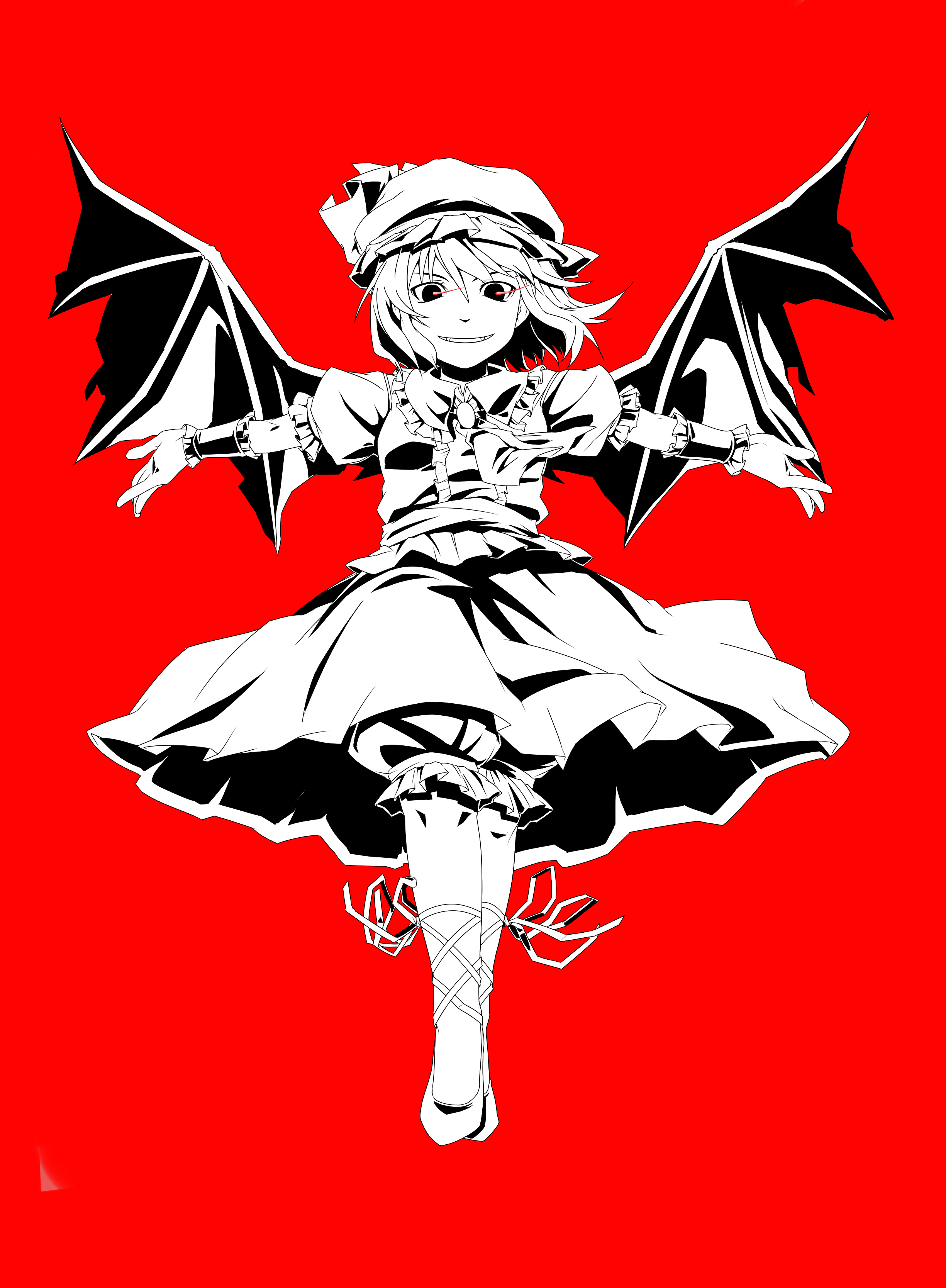 itsuki (nanairo megane), nanairomegane, remilia scarlet, touhou, absurdres, highres, 1girl, bat wings, fangs, female focus, hat, red theme, short hair, solo, vampire, wings