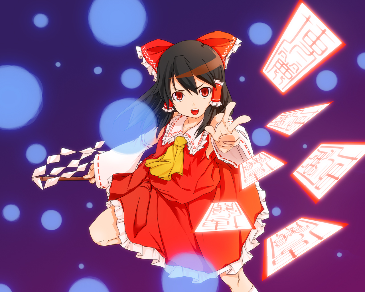 itsuki (nanairo megane), nanairomegane, hakurei reimu, imperishable night, touhou, 1girl, black hair, detached sleeves, female focus, gohei, japanese clothes, miko, ofuda, oonusa, red eyes, solo