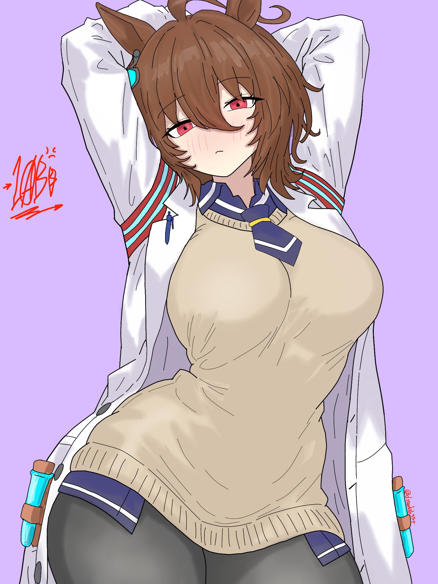 agnes tachyon (tach-nology) (umamusume), agnes tachyon (umamusume), umamusume, highres, 1girl, ahoge, animal ears, arms up, black pantyhose, blue necktie, blue shirt, blush, breasts, brown hair, closed mouth, coat, cork, drawlab33t, earrings, hair between eyes, horse ears, horse girl, horse tail, jewelry, lab coat, large breasts, long sleeves, looking at viewer, necktie, pantyhose, purple background, red eyes, shirt, short hair, short necktie, signature, simple background, single earring, sleeves past fingers, sleeves past wrists, solo, sweater, sweater vest, tail, thighs, twitter username, white coat, wolf cut, yellow sweater, yellow sweater vest
