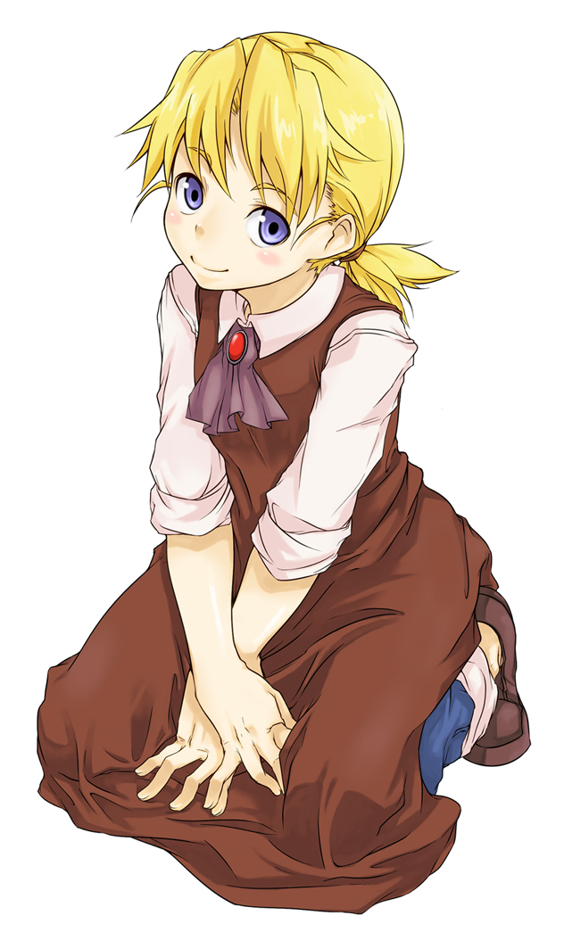 itsuki (nanairo megane), nanairomegane, original, character request, 1girl, blonde hair, denim, female focus, full body, jeans, kneeling, looking at viewer, pants, purple eyes, shoes, short hair, simple background, sitting, sleeves rolled up, smile, solo