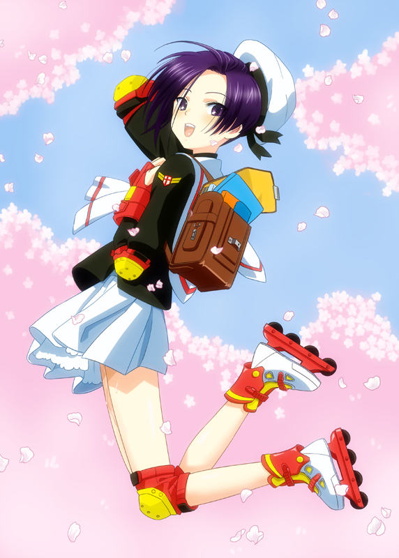 nekomimi kanon, kinomoto sakura, kobayakawa rinko, tange sakura, cardcaptor sakura, love plus, 1girl, backpack, bag, cherry blossoms, cosplay, female focus, hat, inline skates, jumping, kinomoto sakura (cosplay), petals, randoseru, roller skates, school uniform, short hair, skates, sky, solo, tomoeda middle school uniform, voice actor connection, white hat