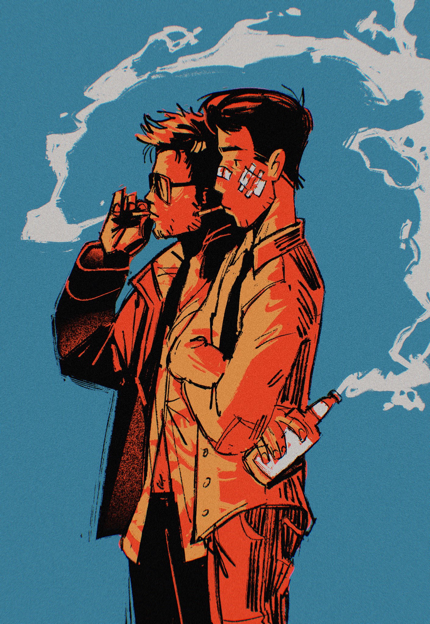 soulfullhyena, tyler durden, fight club, highres, 2boys, alcohol, bandages, cigarette, dual persona, holding, holding cigarette, male focus, multiple boys, smoking, sunglasses, the narrator (fight club)