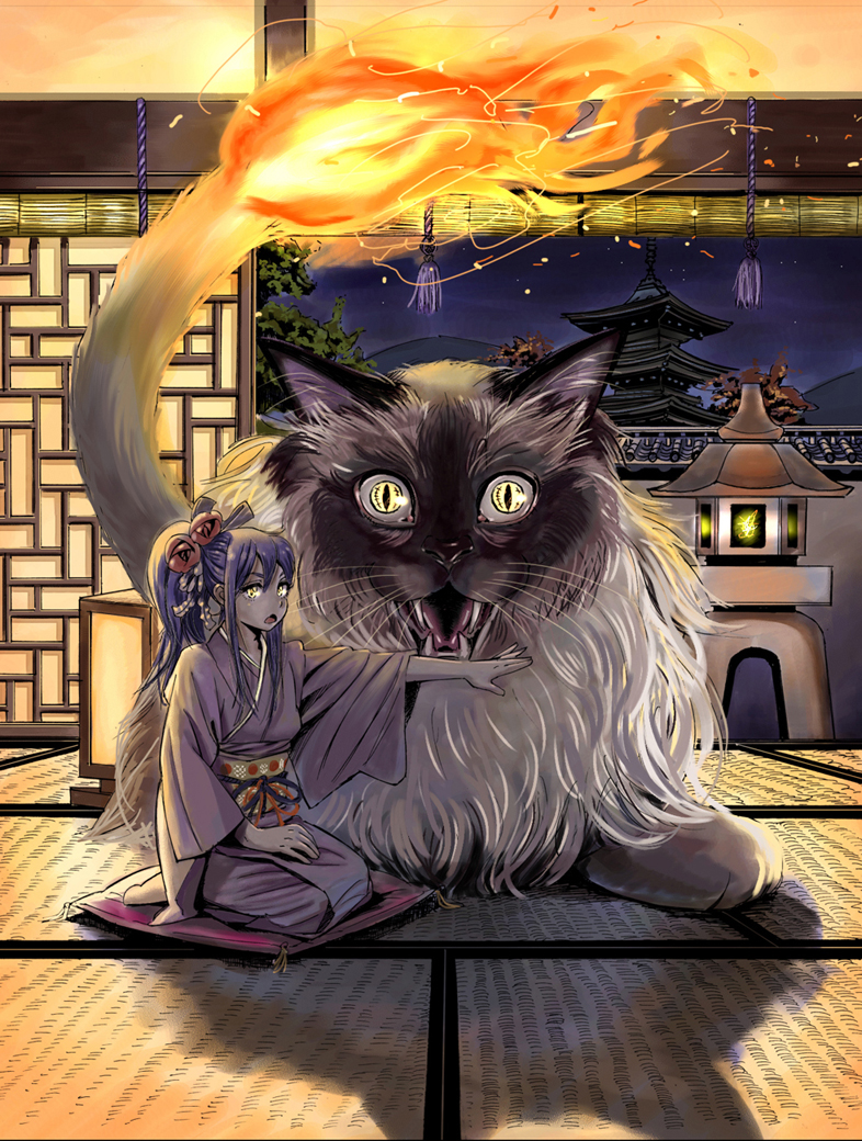 isshiki tarou, original, bad id, bad pixiv id, bakeneko, cat, fangs, flower, hair flower, hair ornament, hair ribbon, japanese clothes, kimono, kneeling, long hair, monster, ponytail, purple hair, ribbon, sitting, solo, tatami, yellow eyes