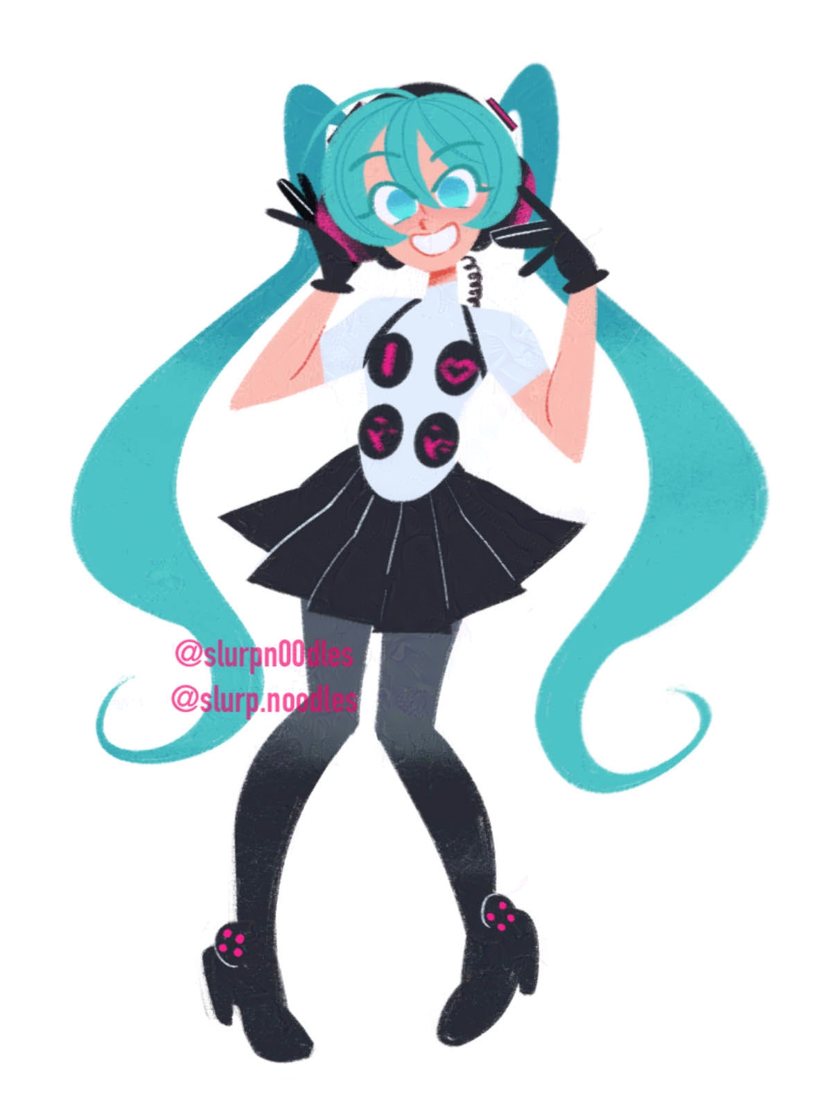 slurpn00dles, hatsune miku, vocaloid, costume request, highres, 1girl, aqua eyes, aqua hair, black gloves, black pantyhose, black shoes, black skirt, colored eyelashes, full body, gloves, headphones, high heels, long hair, pantyhose, shirt, shoes, short sleeves, simple background, skirt, smile, solo, standing, twintails, twitter username, very long hair, white background, white shirt