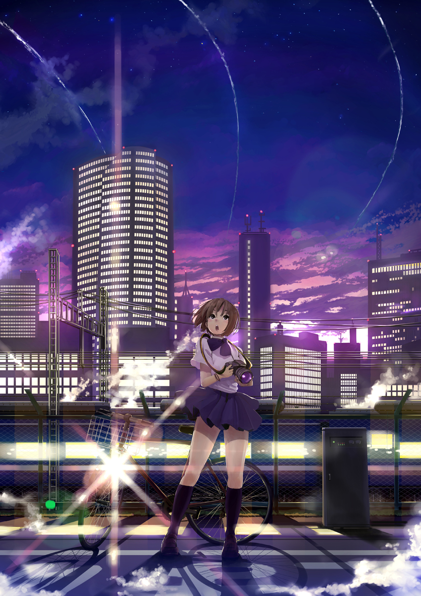 isshiki tarou, original, highres, 1girl, basket, bicycle, black socks, blue skirt, blush, brown hair, building, camera, chain-link fence, city, cityscape, cloud, contrail, diffraction spikes, female focus, fence, heavy lens flare, holding, holding camera, kneehighs, legs, lens flare, looking up, miniskirt, night, open mouth, overhead line, pleated skirt, power lines, scenery, school uniform, shadow, shirt, short hair, short sleeves, skirt, sky, skyline, skyscraper, socks, solo, standing, star (sky), steam, train, twilight, white shirt