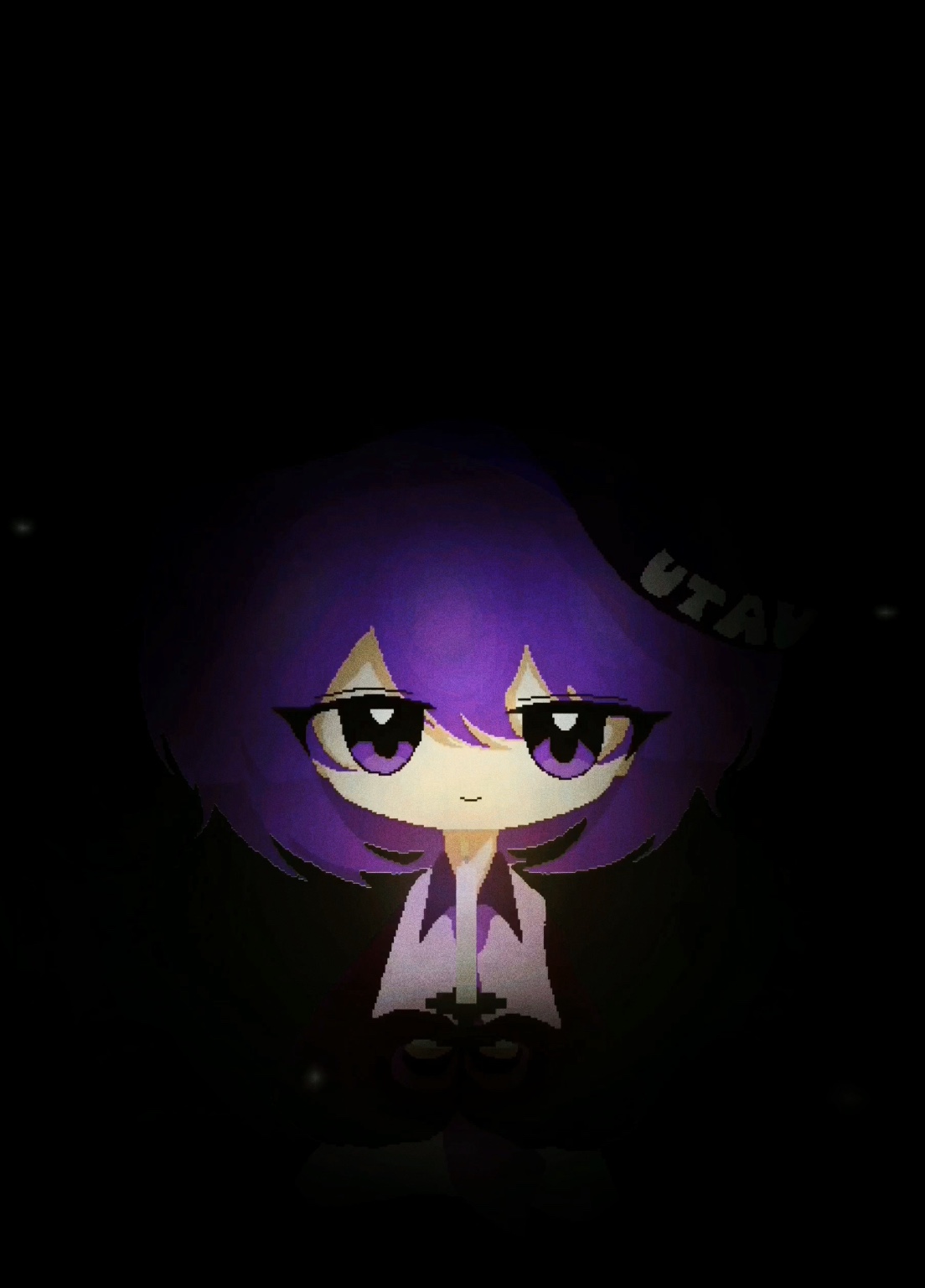 utane uta, utau, highres, variant set, 1girl, black background, chibi, chibi only, closed mouth, collared shirt, looking at viewer, neli o, purple eyes, purple hair, shirt, smile, solo, spotlight