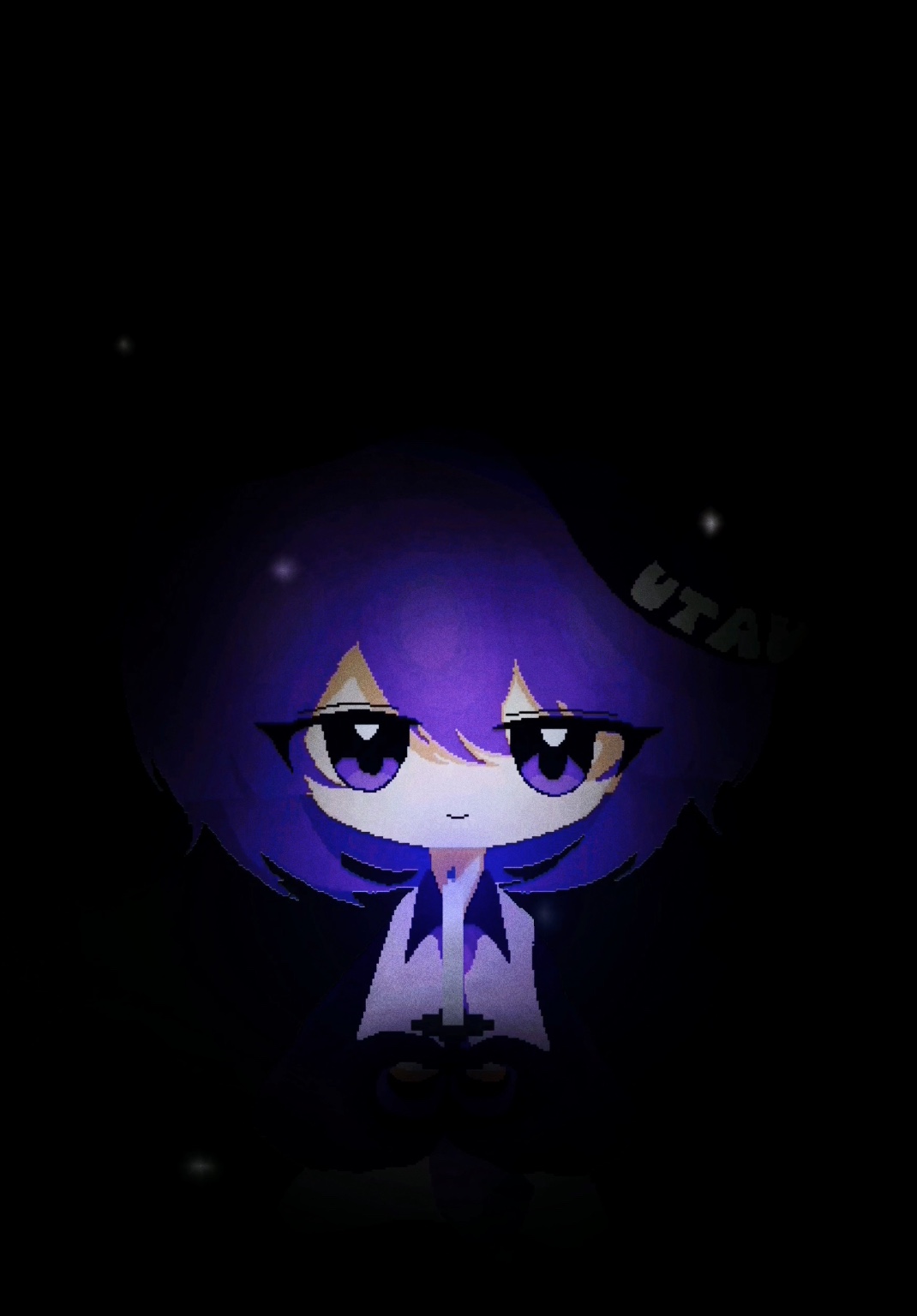 utane uta, utau, highres, variant set, 1girl, black background, chibi, chibi only, closed mouth, collared shirt, looking at viewer, neli o, purple eyes, purple hair, shirt, smile, solo, spotlight
