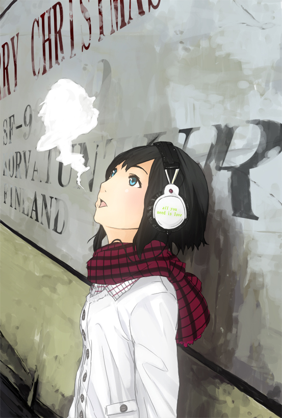 110 gou, original, bad id, bad pixiv id, 1girl, black hair, blue eyes, breath, christmas, coat, english text, female focus, finland, headphones, plaid clothes, plaid scarf, scarf, solo, winter clothes, winter coat