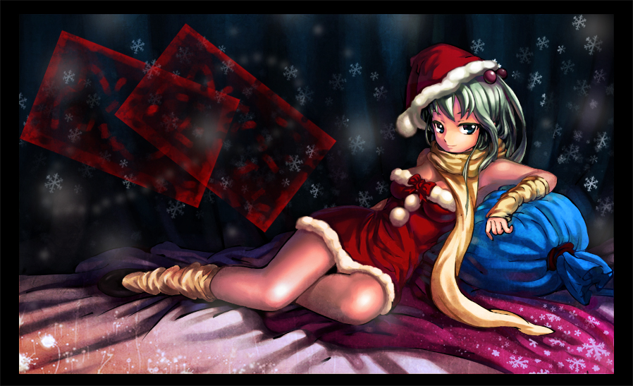 klamp, original, 1girl, arm warmers, bag, bow, female focus, green eyes, green hair, hair bobbles, hair ornament, hat, lying, matching hair/eyes, on side, sack, santa costume, santa hat, scarf, solo