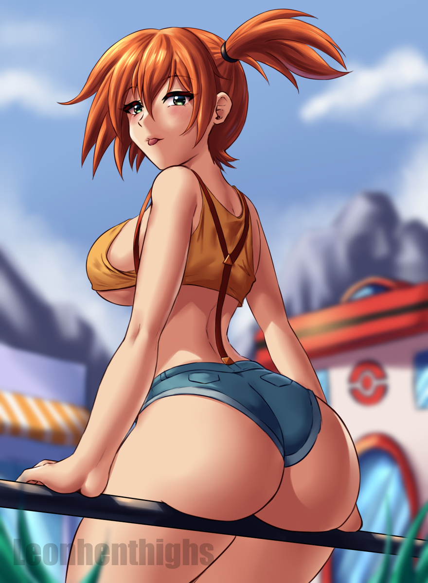 leonart, misty (pokemon), nintendo, pokemon, pokemon (anime), pokemon (classic anime), highres, 1girl, :p, arm support, ass, asymmetrical hair, bare arms, bare shoulders, blue sky, blurry, blush, breasts, cloud, crop top, day, denim, denim shorts, female focus, from behind, gen 1 pokemon, green eyes, gym leader, hair between eyes, huge ass, large breasts, legs, looking at viewer, looking back, micro shorts, midriff, orange hair, outdoors, ponytail, shirt, short hair, short shorts, shorts, side ponytail, sideboob, sitting, sky, sleeveless, solo, suspender shorts, suspenders, tank top, thick thighs, thighs, tongue, tongue out, underboob, wide hips, yellow shirt, yellow tank top