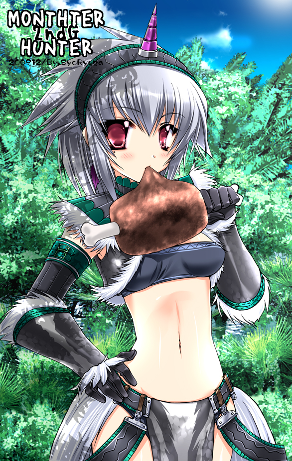 ryuuga shou, capcom, monster hunter (series), silver hair, 1girl, boned meat, eating, elbow gloves, female focus, food, gloves, hairband, hand on own hip, hip focus, horns, kirin (armor), meat, midriff, mole, navel, pink eyes, single horn, solo