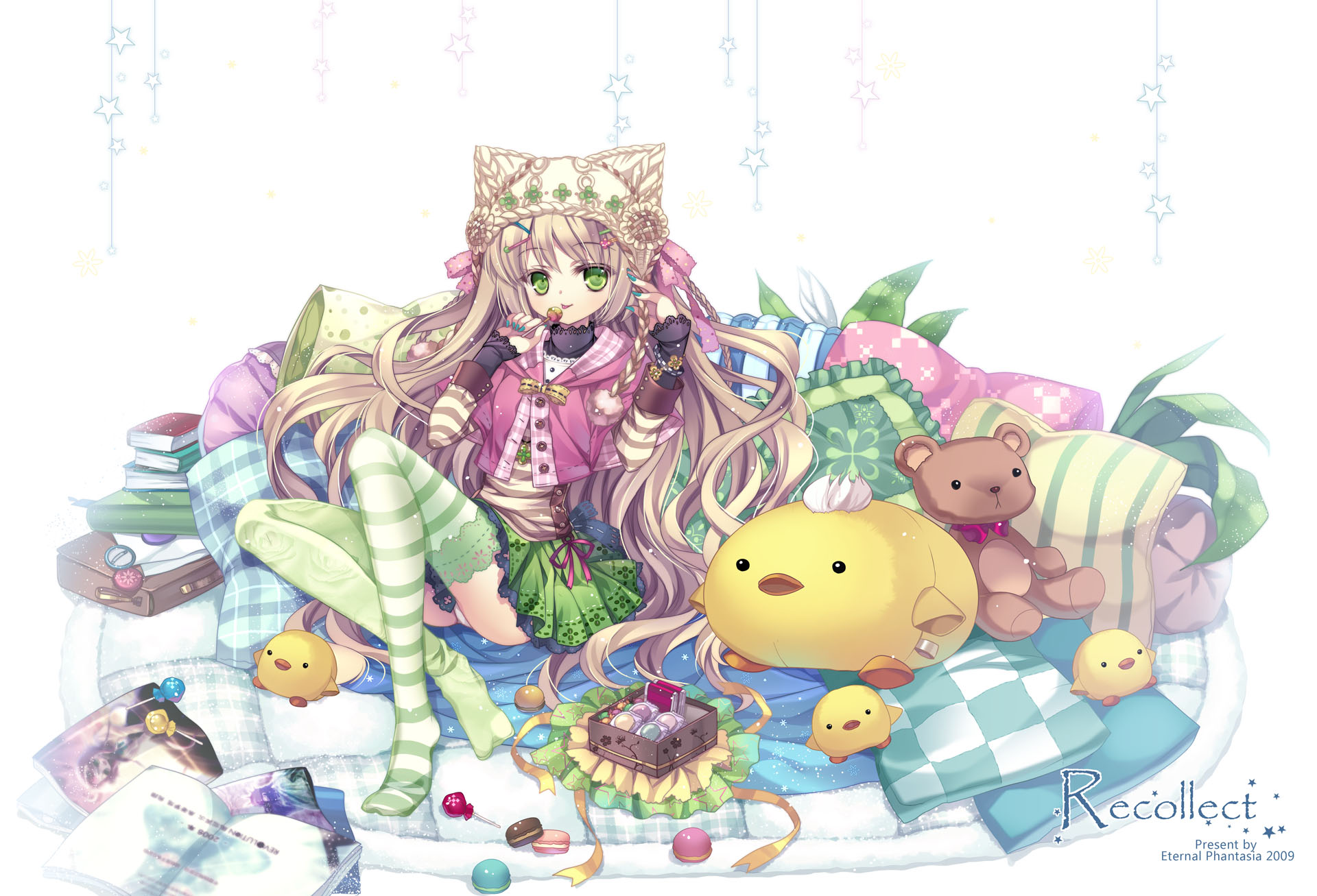 capura lin, original, pixiv, lace-trimmed legwear, highres, 1girl, animal hat, asymmetrical clothes, asymmetrical legwear, book, candy, cat hat, female focus, food, full body, green thighhighs, hair ornament, hairclip, hat, lace, lace trim, lollipop, macaron, mismatched legwear, panties, pastry, patterned legwear, print thighhighs, solo, striped clothes, striped thighhighs, stuffed animal, stuffed toy, teddy bear, thighhighs, underwear, white background