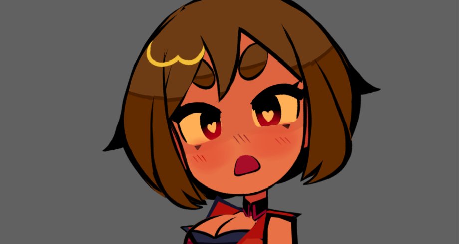 rainelyn00, meiko (vocaloid), vocaloid, 1girl, bare shoulders, black bra, blush, bra, breasts, brown hair, cleavage, grey background, heart, heart-shaped pupils, jacket, looking at viewer, open mouth, red eyes, red jacket, simple background, solo, symbol-shaped pupils, thick eyebrows, underwear