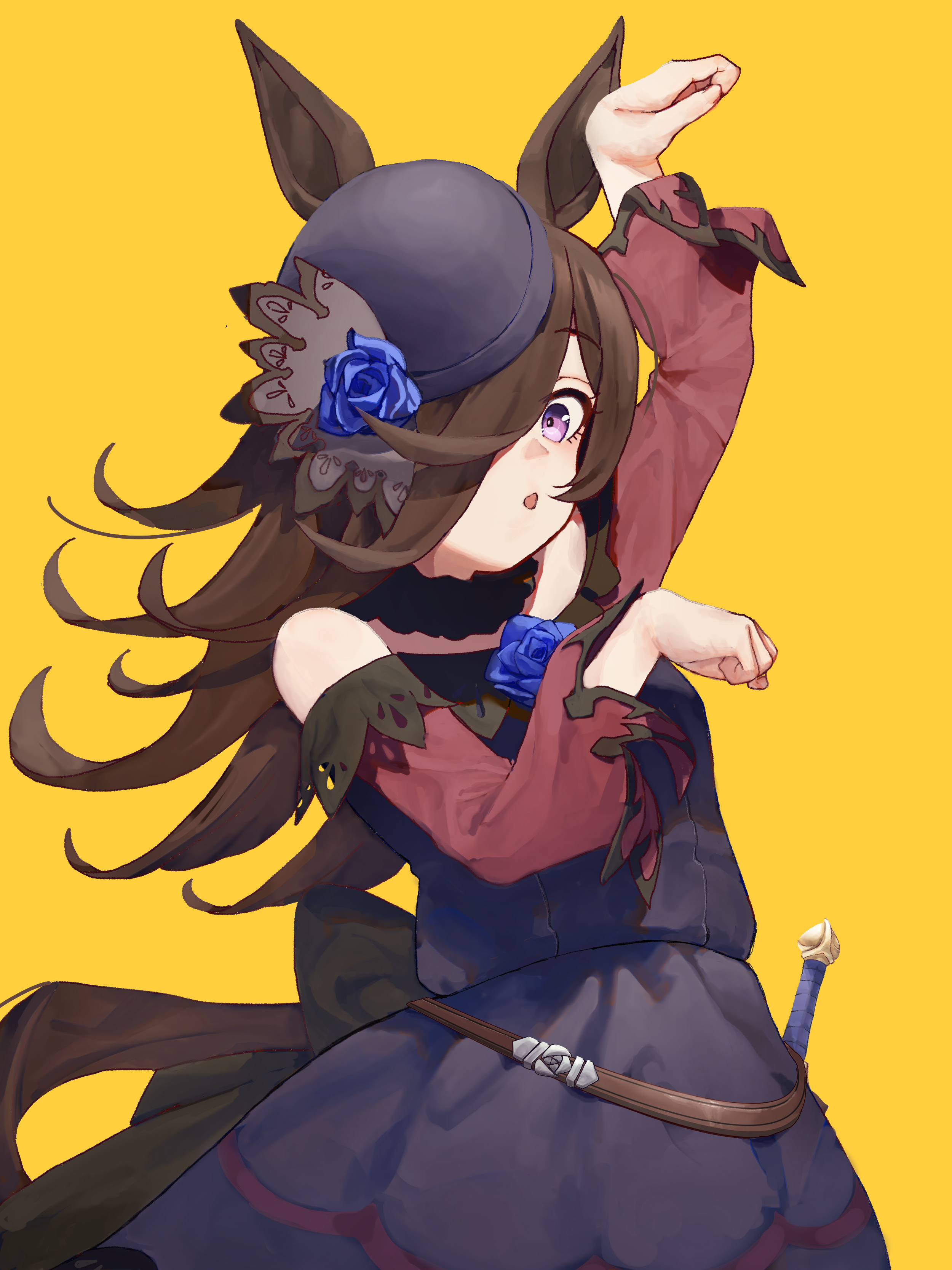 no uwazumi, rice shower (rosy dreams) (umamusume), rice shower (umamusume), umamusume, absurdres, commentary request, highres, 1girl, animal ears, arm up, bare shoulders, black dress, blue flower, blue hat, blue rose, brown hair, dagger, dress, flipped hair, flower, fur choker, hair over one eye, hat, hat flower, horse ears, horse girl, horse pose, horse tail, knife, long hair, long sleeves, looking at viewer, off-shoulder dress, off shoulder, open mouth, purple eyes, rose, simple background, solo, tail, tilted headwear, weapon, yellow background