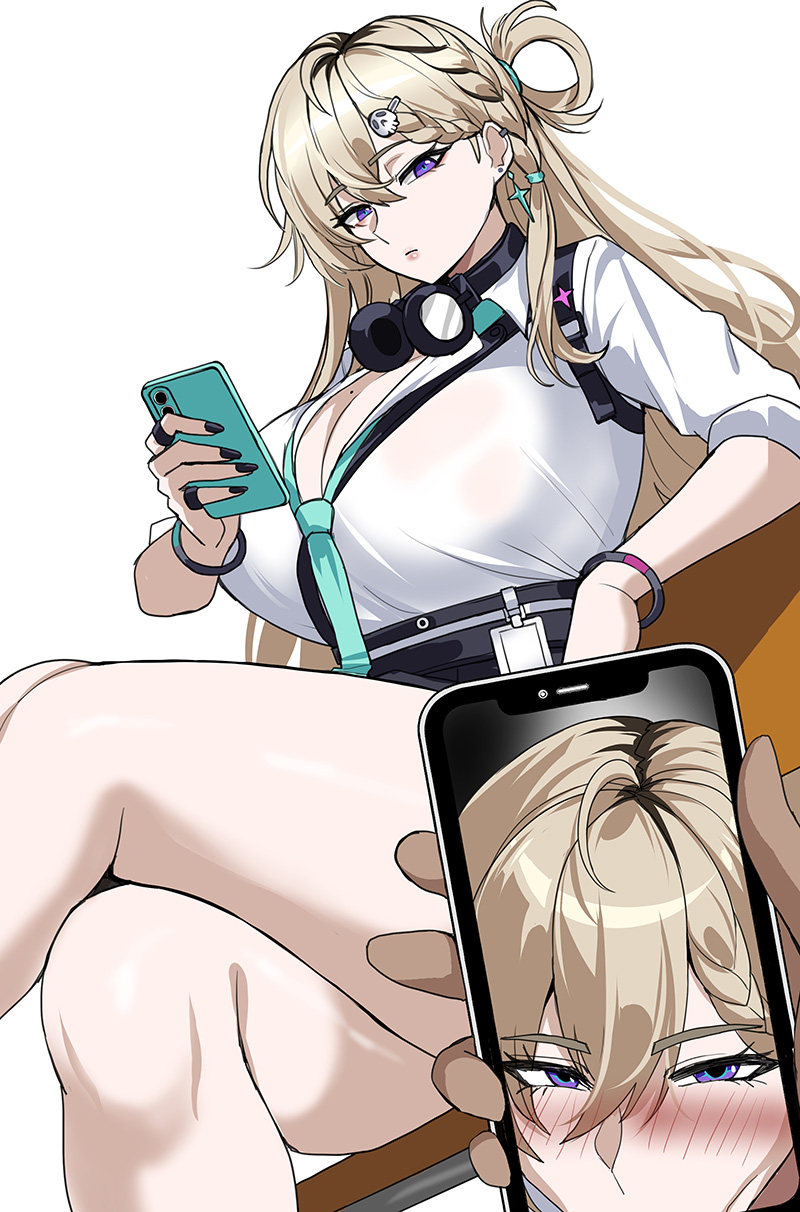 hella p, lynae (wuthering waves), wuthering waves, highres, 1girl, black nails, blonde hair, blush, breasts, cellphone, closed mouth, collared shirt, crossed legs, ear piercing, feet out of frame, green necktie, gyaru, hair ornament, headphones, headphones around neck, holding, holding phone, huge breasts, implied fellatio, long hair, looking at viewer, mole, mole on breast, nail polish, necktie, phone, piercing, pov, purple eyes, shirt, simple background, sitting, skull hair ornament, smartphone, thighs, white background, white shirt