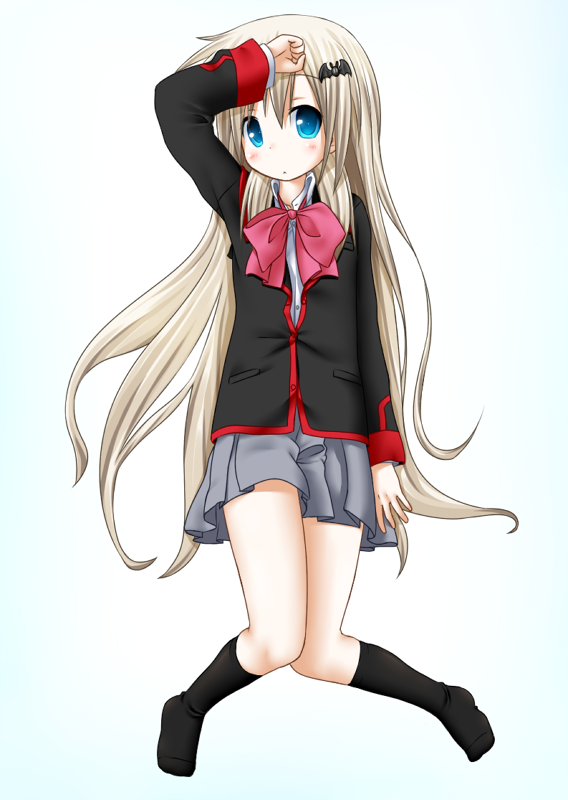 ao uribou, noumi kudryavka, little busters!, bad id, bad pixiv id, 1girl, blonde hair, blue eyes, bow, female focus, long hair, lying, pink bow, school uniform, solo
