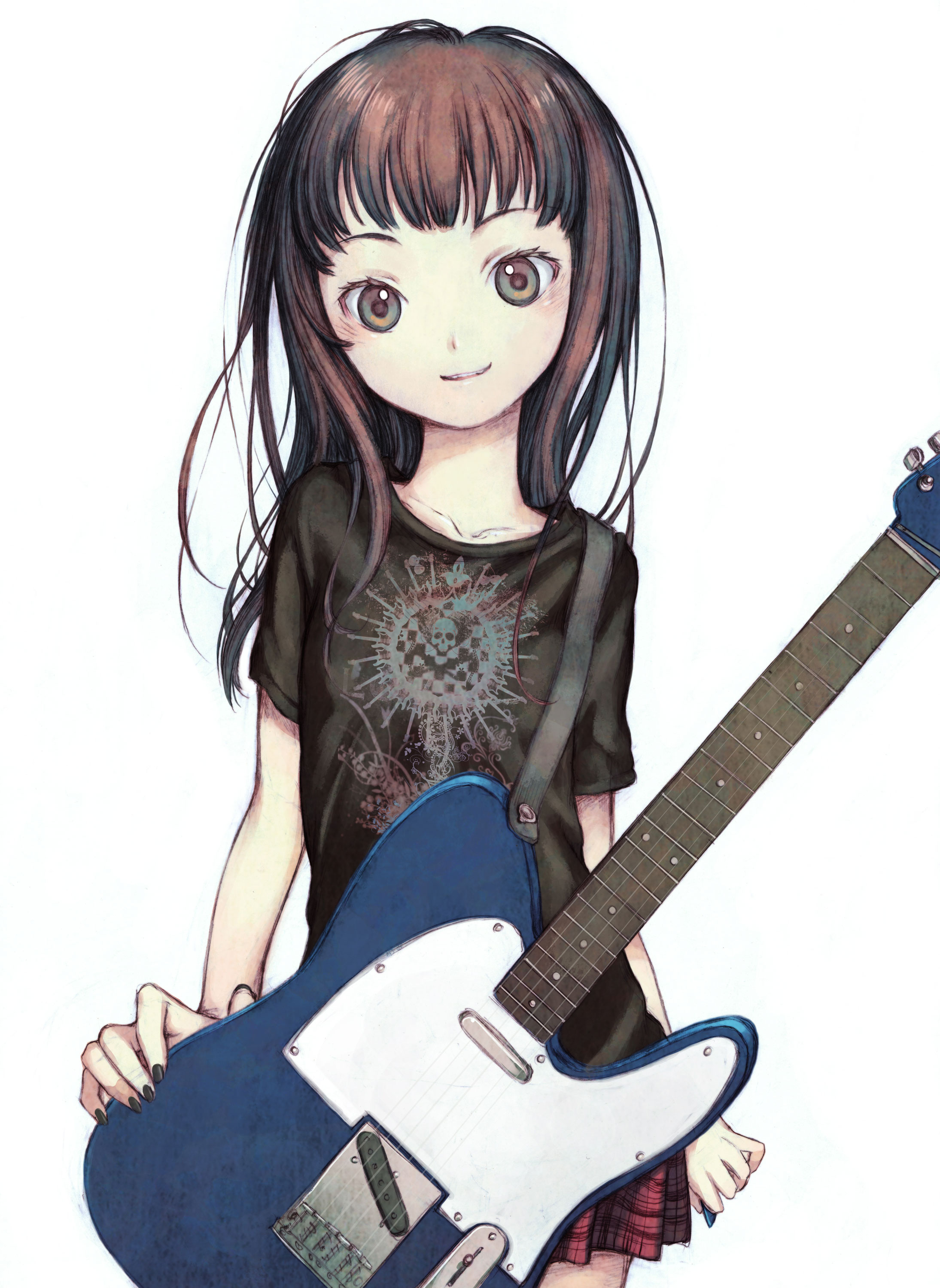 shouichi, absurdres, bad id, bad pixiv id, highres, 1girl, brown eyes, brown hair, child, electric guitar, female focus, fender telecaster, guitar, instrument, long hair, skirt, solo, tele(guitar)