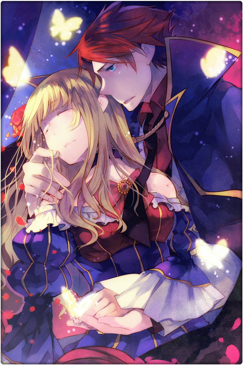 minatsume, beatrice (umineko), ushiromiya battler, umineko no naku koro ni, highres, 00s, bare shoulders, blonde hair, blue eyes, bow, bug, butterfly, cape, closed eyes, flower, long hair, necktie, petals, red hair, rose, rose petals