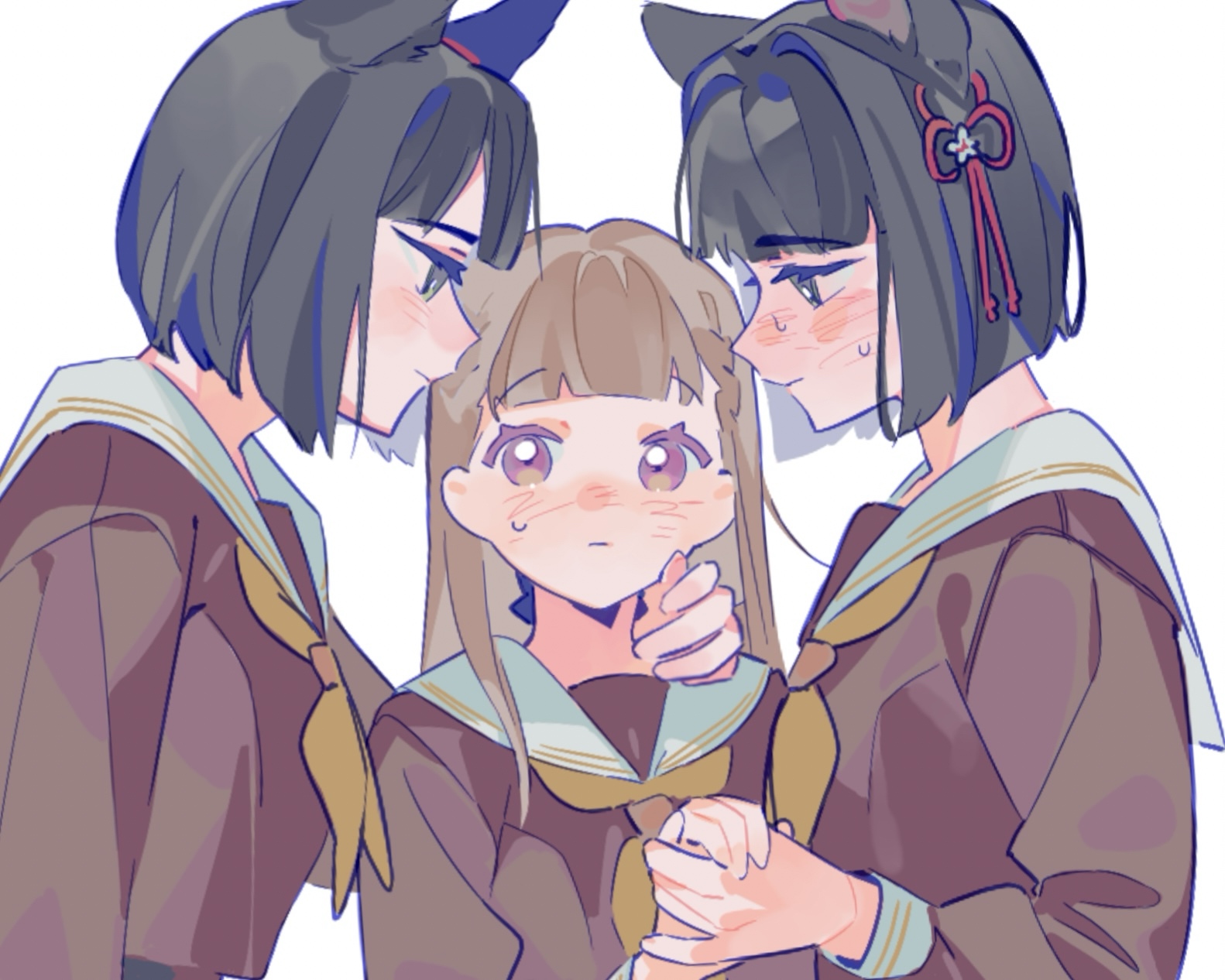 pipi (m1x mix), kachimachi kosuzu, momose ginko, link! like! love live!, love live!, commentary request, highres, 3girls, animal ears, black hair, blunt bangs, blunt ends, bob cut, brown dress, cat ears, cat girl, clone harem, closed mouth, dress, expressionless, eye contact, flower, flower knot, fox ears, fox girl, girl sandwich, hair flower, hair ornament, hand on another's cheek, hand on another's face, holding hands, lion ears, long sleeves, looking at another, multiple girls, neckerchief, nervous sweating, profile, sailor collar, sailor dress, sandwiched, short hair, sweat, upper body, virtual youtuber, white flower, white sailor collar, winter uniform, yellow neckerchief, yuri