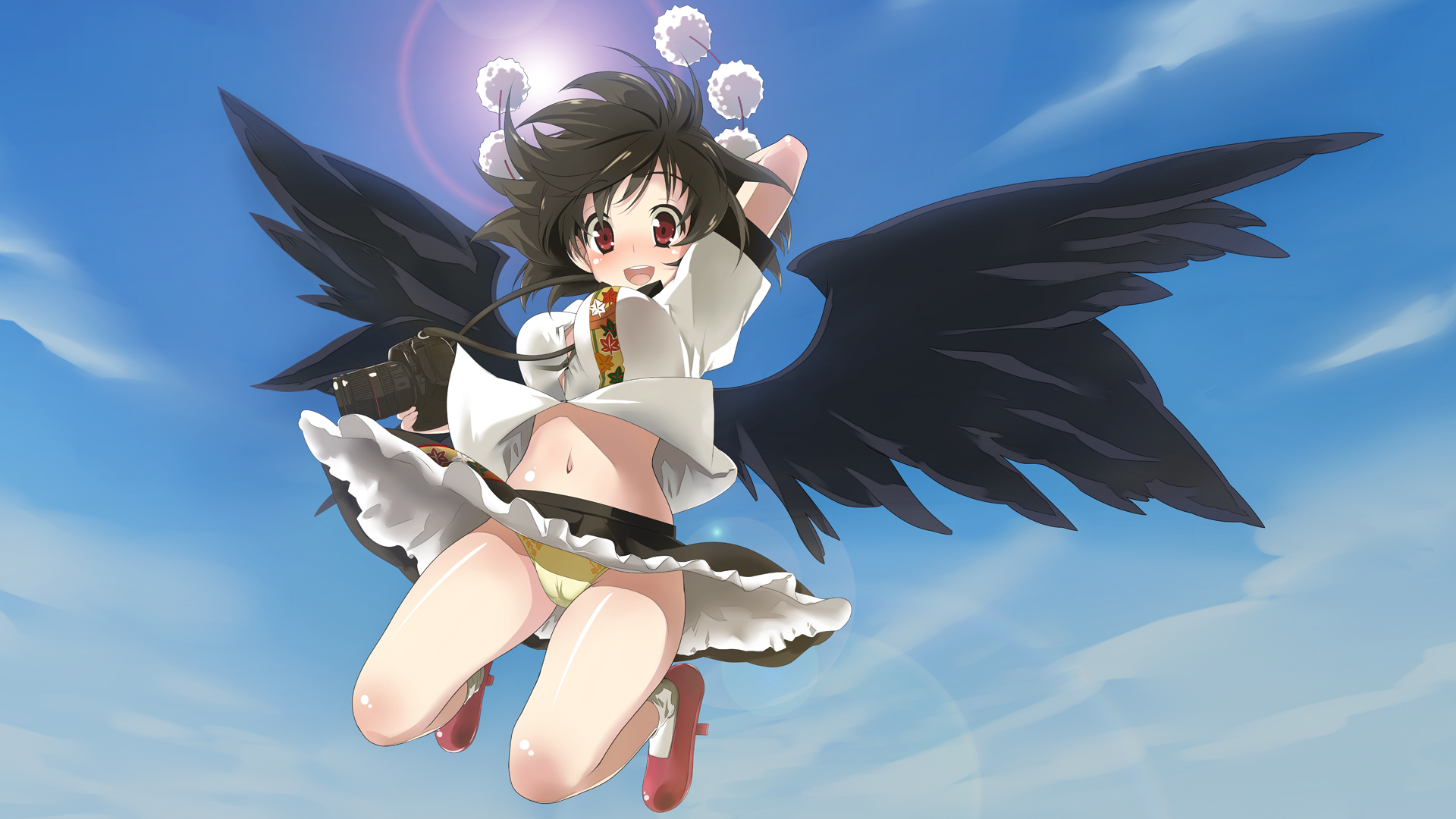 mahan (clock hearts), shameimaru aya, touhou, highres, 1girl, arm behind head, black hair, black wings, breasts, cameltoe, camera, cloud, day, female focus, flying, geta, hat, large breasts, lens flare, looking at viewer, midair, midriff, navel, open mouth, oversized wings, panties, red eyes, short hair, sky, smile, solo, tengu-geta, thighs, tokin hat, underwear, upskirt, wind, wings, yellow panties
