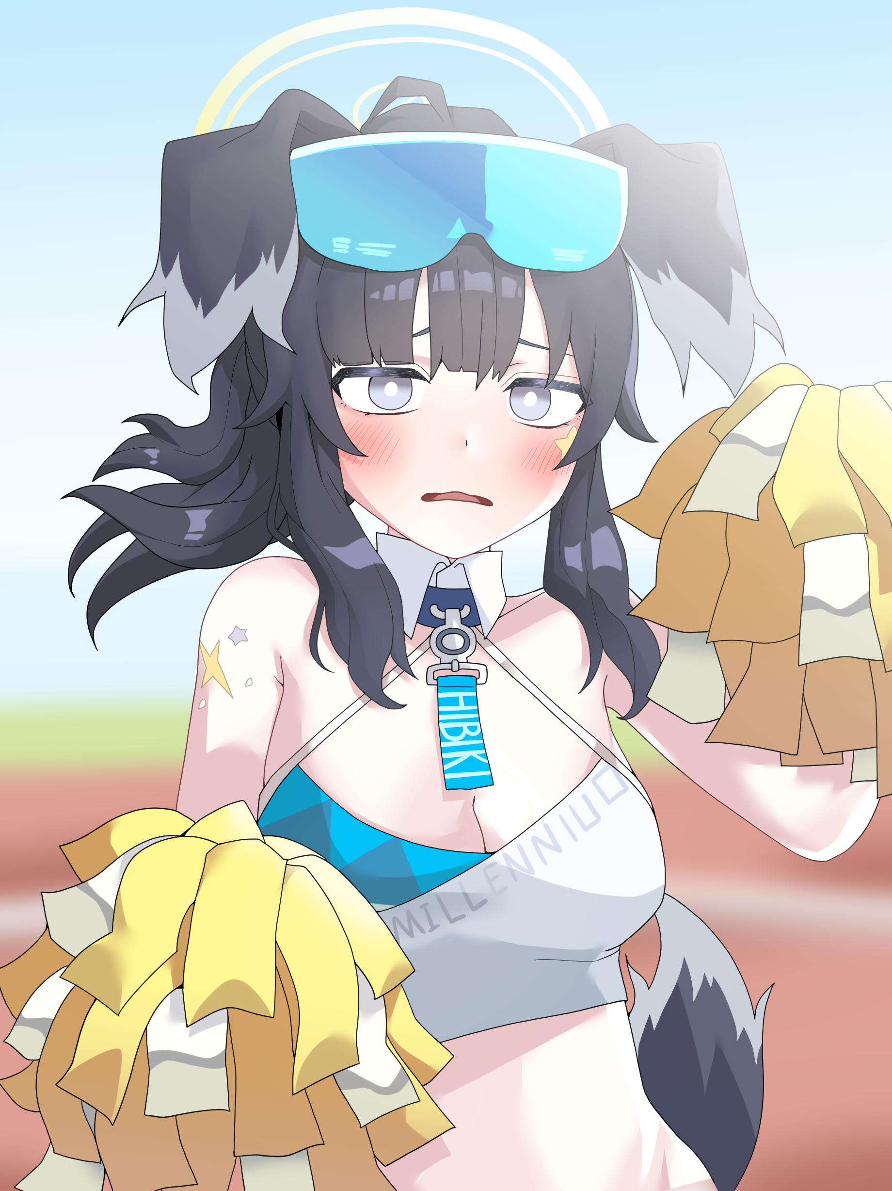 oddman1234, hibiki (blue archive), hibiki (cheer squad) (blue archive), blue archive, absurdres, highres, 1girl, animal ears, black hair, blush, breasts, cheerleader, dog ears, dog girl, dog tail, goggles, goggles on head, halo, holding, holding pom poms, long hair, looking at viewer, millennium cheerleader outfit (blue archive), official alternate costume, pom pom (cheerleading), pom poms, skirt, solo, star (symbol), star sticker, sticker, sticker on arm, sticker on face, tail, yellow halo