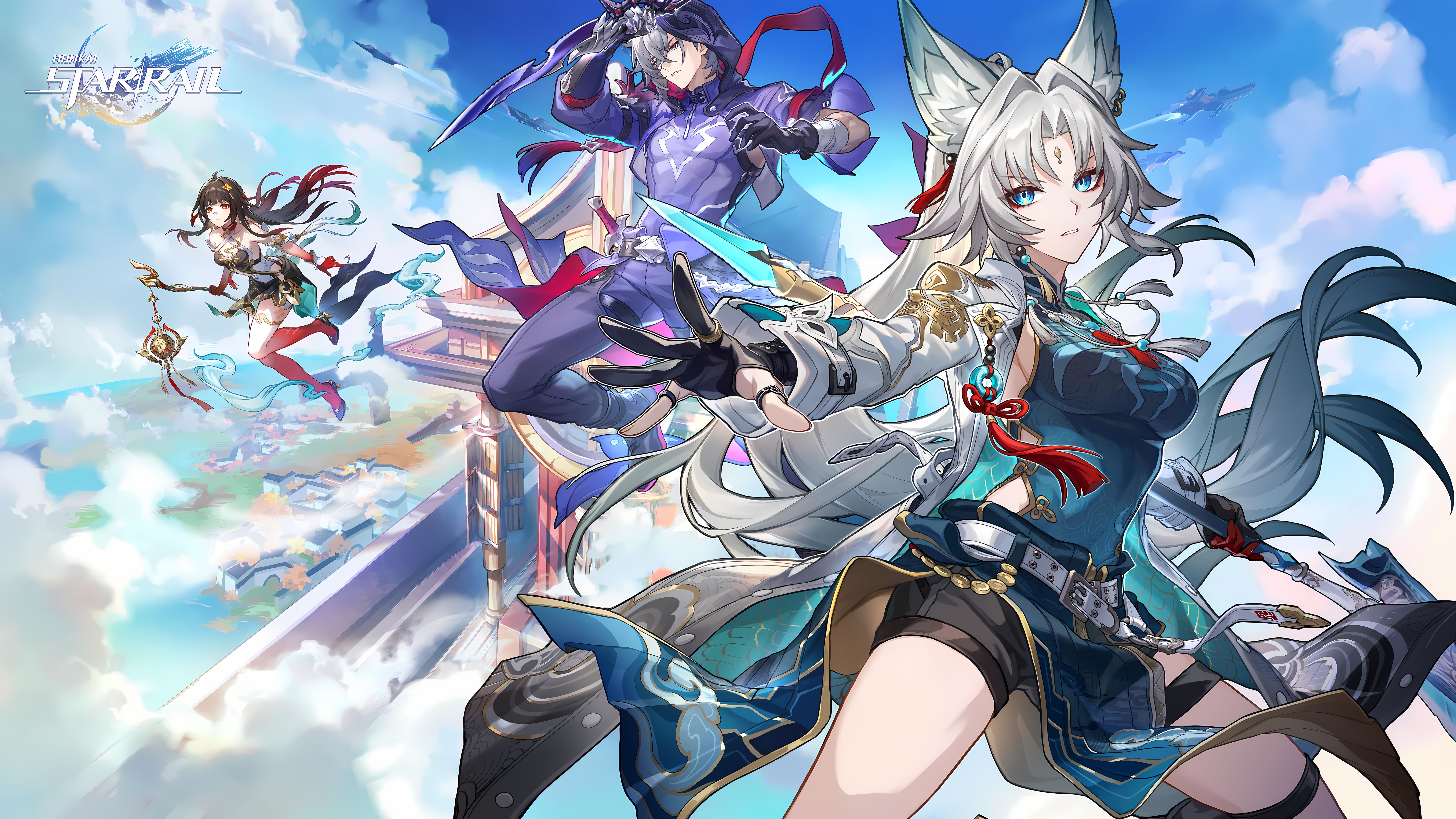feixiao (honkai: star rail), lingsha (honkai: star rail), moze (honkai: star rail), honkai: star rail, honkai (series), absurdres, highres, key visual, official art, promotional art, third-party source, 1boy, 2girls, animal ear piercing, animal ears, brown hair, colored extremities, copyright logo, copyright name, forehead jewel, fox ears, fox girl, grey hair, holding, holding polearm, holding sword, holding weapon, hood, hooded jacket, jacket, logo, long hair, multiple girls, polearm, reverse grip, short sword, sky, sword, weapon