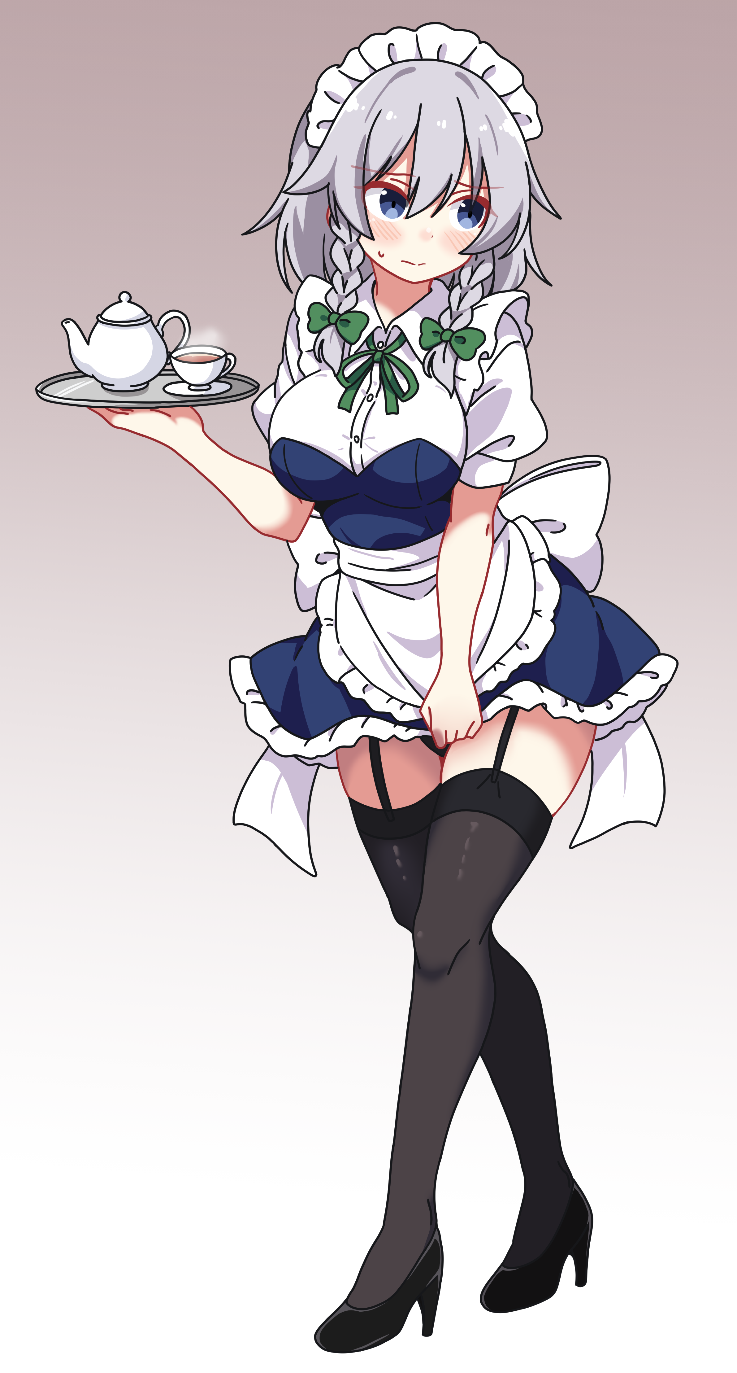 korra down, izayoi sakuya, touhou, absurdres, commentary request, highres, 1girl, apron, back bow, black panties, black shoes, black thighhighs, blue eyes, blush, bow, braid, breasts, collared shirt, cup, embarrassed, full body, garter straps, green bow, green ribbon, grey hair, hair bow, high heels, holding, holding tray, large breasts, long hair, maid, maid headdress, neck ribbon, panties, puffy short sleeves, puffy sleeves, ribbon, shirt, shoes, short sleeves, skirt, skirt tug, solo, steam, sweatdrop, tea, teacup, teapot, thighhighs, tray, twin braids, underwear, waist apron, white bow, white shirt