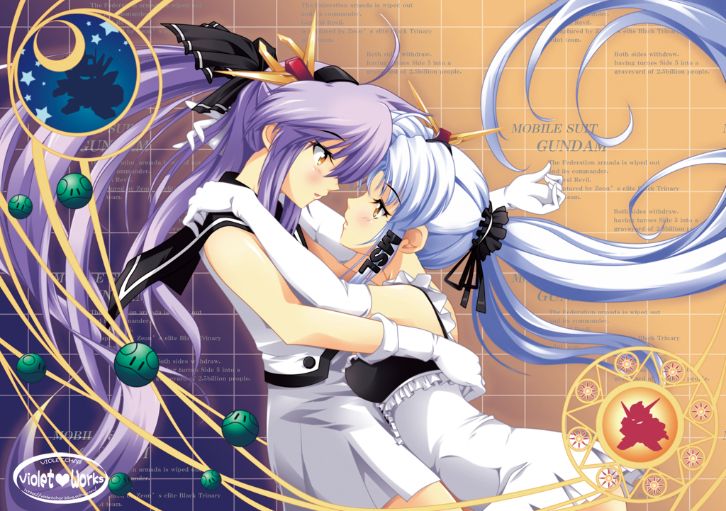 murasaki natsu, zixia (msl), haro, gundam, 2girls, blue hair, blush, elbow gloves, gloves, hug, miko embrace, mobile suit, multiple girls, parody, personification, purple hair, school uniform, serafuku, skirt, yellow eyes