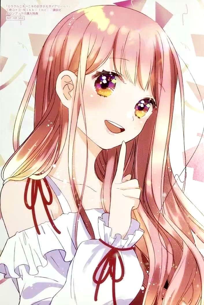 ichi kotoko, nikki (nikki), miracle nikki, nikki (series), official art, third-party source, translation request, 1girl, bra strap, brown eyes, eyelashes, finger to mouth, frilled sleeves, frills, hair half over shoulder, happy, light blush, light particles, long hair, long sleeves, looking at viewer, off-shoulder shirt, off shoulder, open mouth, pink hair, puffy long sleeves, puffy sleeves, red ribbon, ribbon, shirt, shoulder ribbon, sleeve ribbon, smile, solo, sparkle, teeth, triangle background, upper body, upper teeth only, very long hair, wavy hair, white background, white shirt