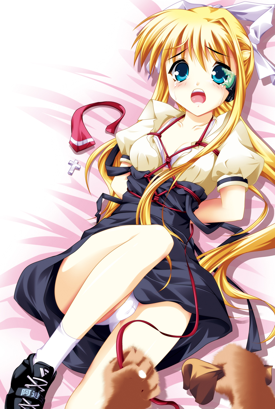 murasaki natsu, zixia (msl), kamio misuzu, air (visual novel), highres, 00s, 1girl, bdsm, bed, blonde hair, blue eyes, bondage, bound, bow, bra, cross, hair bow, lingerie, long hair, lying, necktie, panties, school uniform, scouter, shibari, solo focus, tears, underwear, very long hair, white bra
