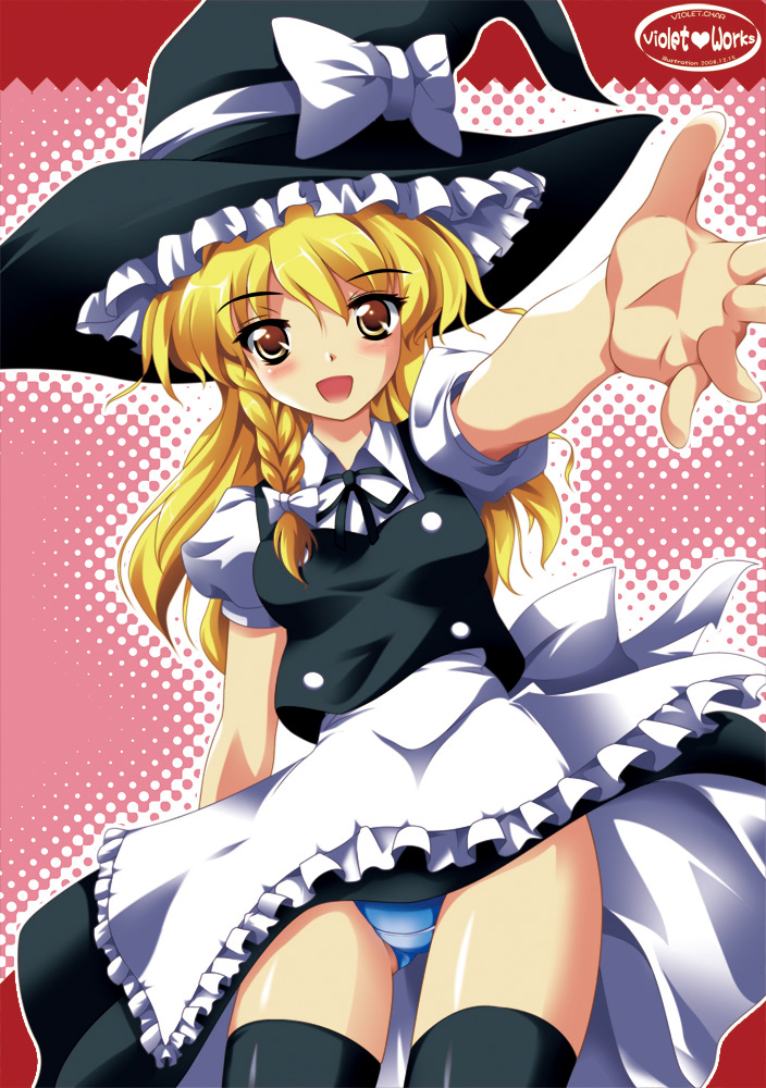 murasaki natsu, zixia (msl), kirisame marisa, touhou, 1girl, blonde hair, braid, female focus, hat, long hair, panties, solo, thighhighs, underwear, witch, witch hat, yellow eyes