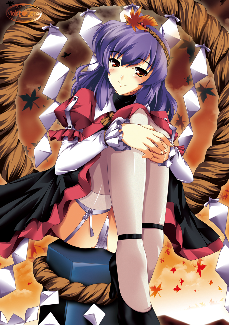 murasaki natsu, zixia (msl), yasaka kanako, touhou, highres, 1girl, female focus, garter belt, garter straps, hair ornament, high heels, hugging own legs, leaf, leaf hair ornament, legs, maple leaf, panties, pantyshot, purple hair, red eyes, shoes, short hair, sitting, solo, thighhighs, underwear, white panties