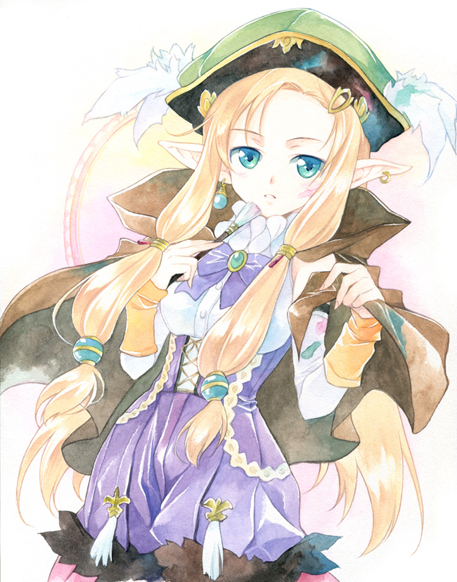 agahari, dahlia (rune factory), rune factory, rune factory 3, bad id, bad pixiv id, 1girl, aqua eyes, blonde hair, bow, bowtie, earrings, feathers, female focus, hair ornament, hairclip, hat, jewelry, long hair, pointy ears, solo, sphere hair ornament, twintails, white background