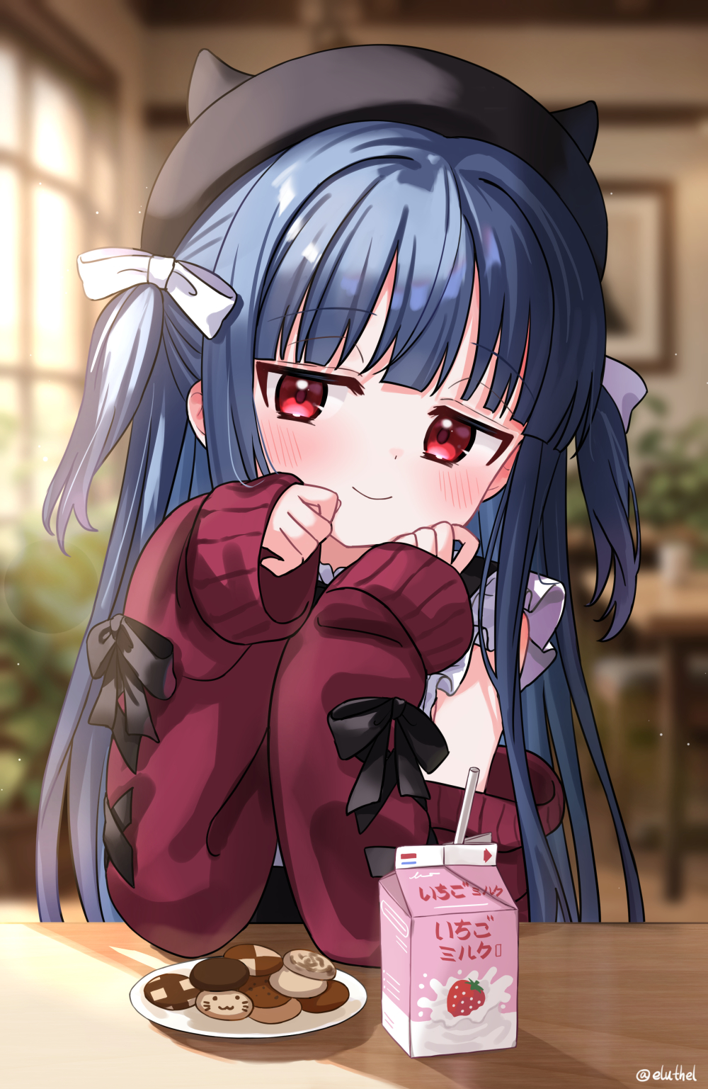 eluthel, sajo yukimi, idolmaster, idolmaster cinderella girls, commentary request, highres, 1girl, blue hair, blunt bangs, blurry, blurry background, blush, bow, cookie, depth of field, food, hair bow, hat, indoors, long hair, long sleeves, looking at viewer, red eyes, shirt, sleeves past wrists, smile, solo, table, two side up