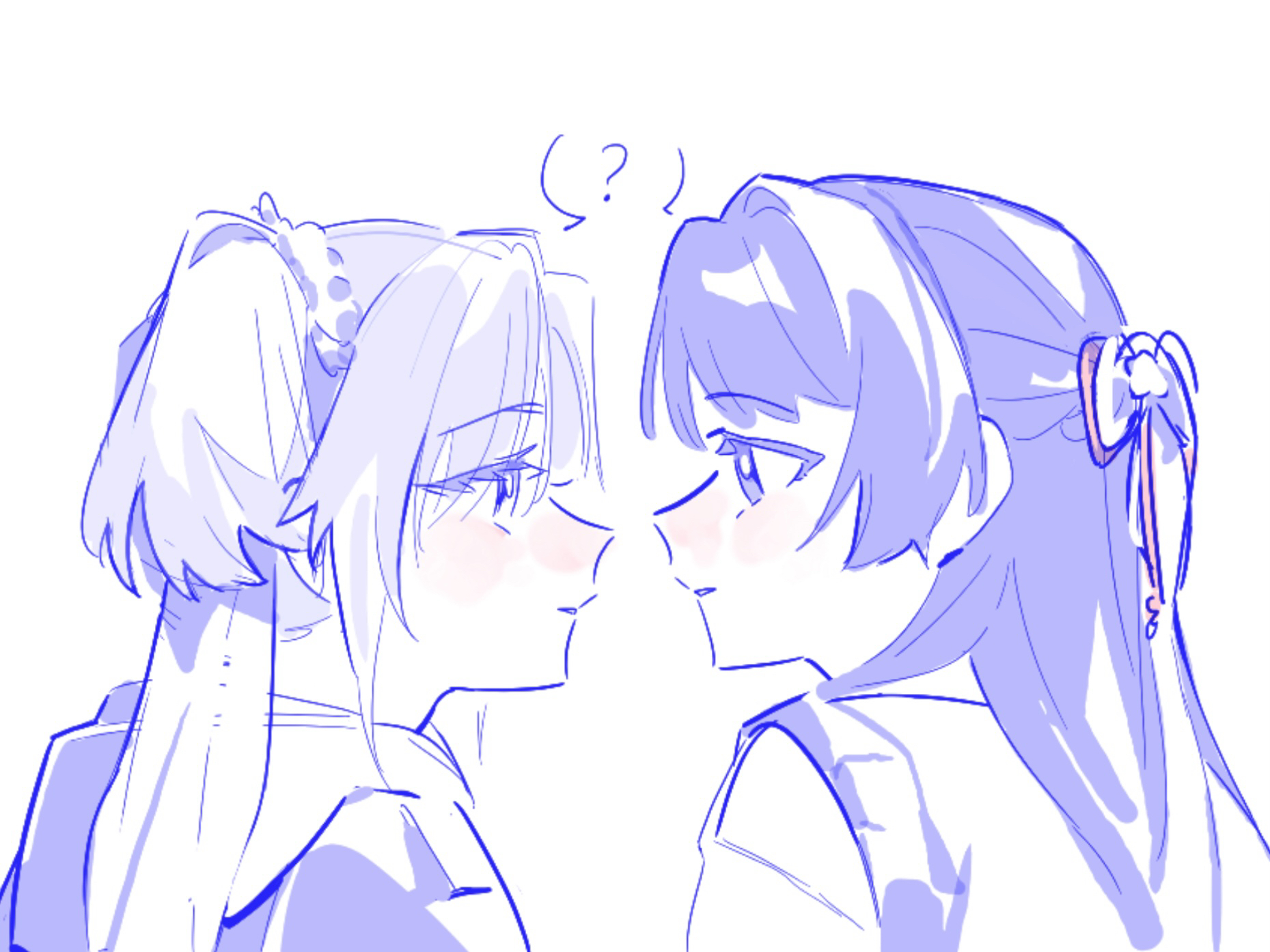 pipi (m1x mix), murano sayaka, murano sayaka (winter loungewear), osawa rurino, osawa rurino (winter loungewear), link! like! love live!, love live!, commentary, english commentary, highres, 2girls, ?, blue theme, braid, eye contact, face-to-face, flower, hair flower, hair ornament, hair ribbon, half up braid, half updo, hood, hoodie, looking at another, multiple girls, parted lips, portrait, ribbon, shared speech bubble, speech bubble, spoken question mark, sweater vest, twintails, virtual youtuber, yuri