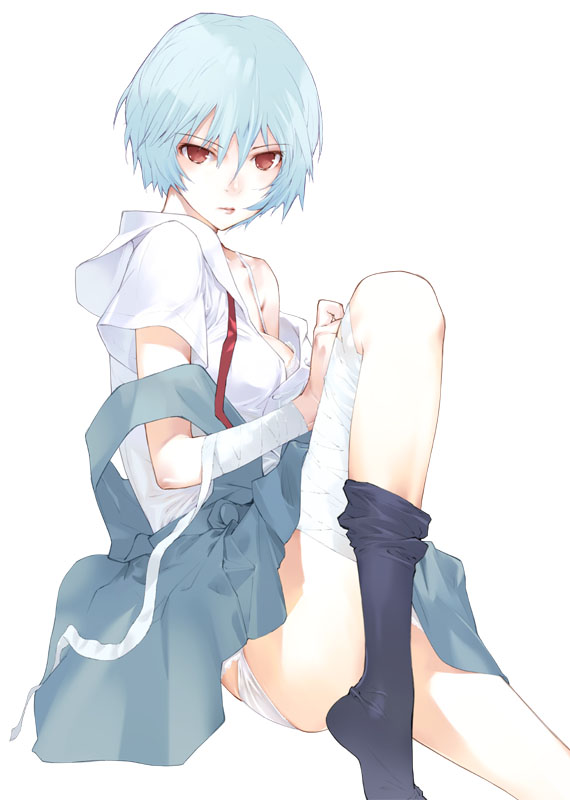 okazaki takeshi, ayanami rei, neon genesis evangelion, 1girl, bandages, black socks, blue hair, bra, dressing, female focus, lingerie, panties, pantyshot, red eyes, school uniform, short hair, skirt, socks, solo, suspender skirt, suspenders, underwear, white panties