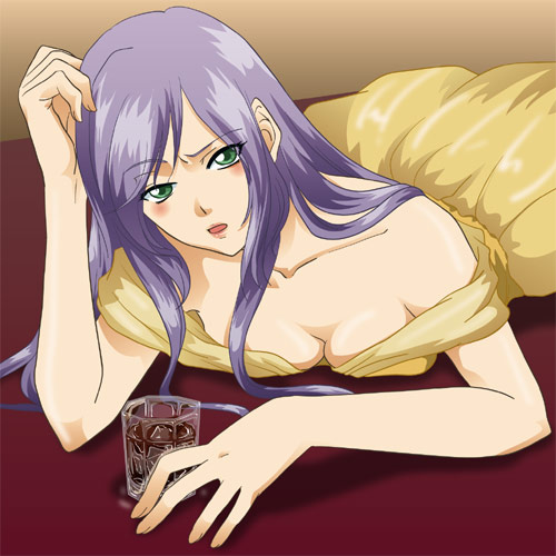 9646emily, faris scherwiz, final fantasy, final fantasy v, bad id, bad pixiv id, lowres, 1990s (style), 1girl, alternate costume, blush, breasts, cleavage, cup, dress, drunk, female focus, glass, gradient background, green eyes, large breasts, long hair, lying, purple hair, retro artstyle, solo